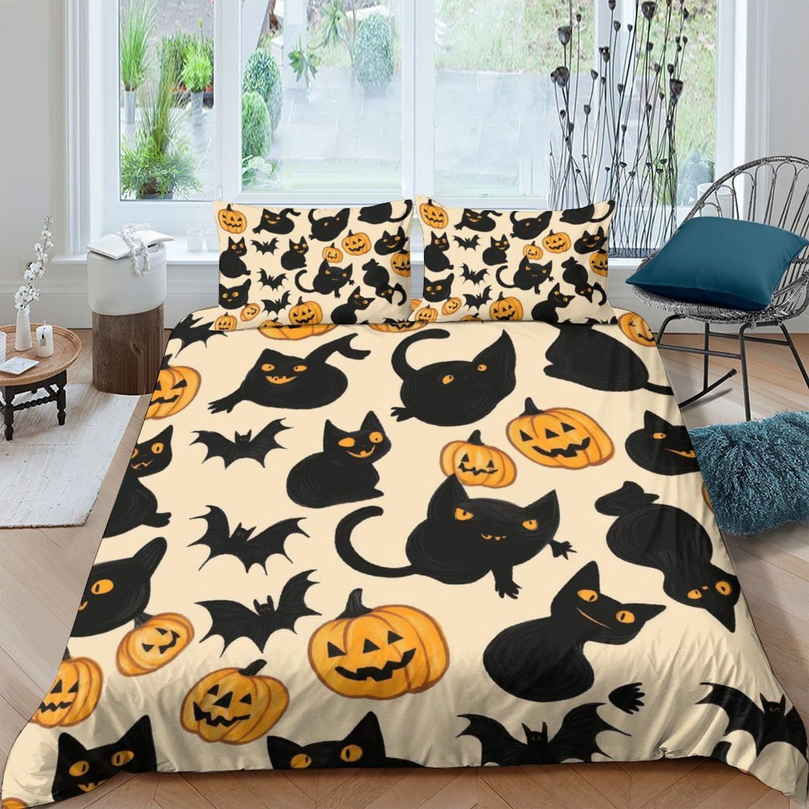 Ctjqhvkz Style-10 3D Printed Halloween Black Cat Fitted Sheet Microfiber Pumpkin Bat Mattress Cover For Bedroom Home Dorm Decoration Single（135X200cm）