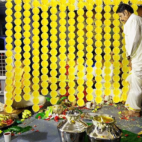 Miniatura 7 de Giegxin Paquete de 15 guirnaldas de caléndula para decoración de hilos de 5 pies de largo, flores artificiales de caléndula Diwali, decoración de