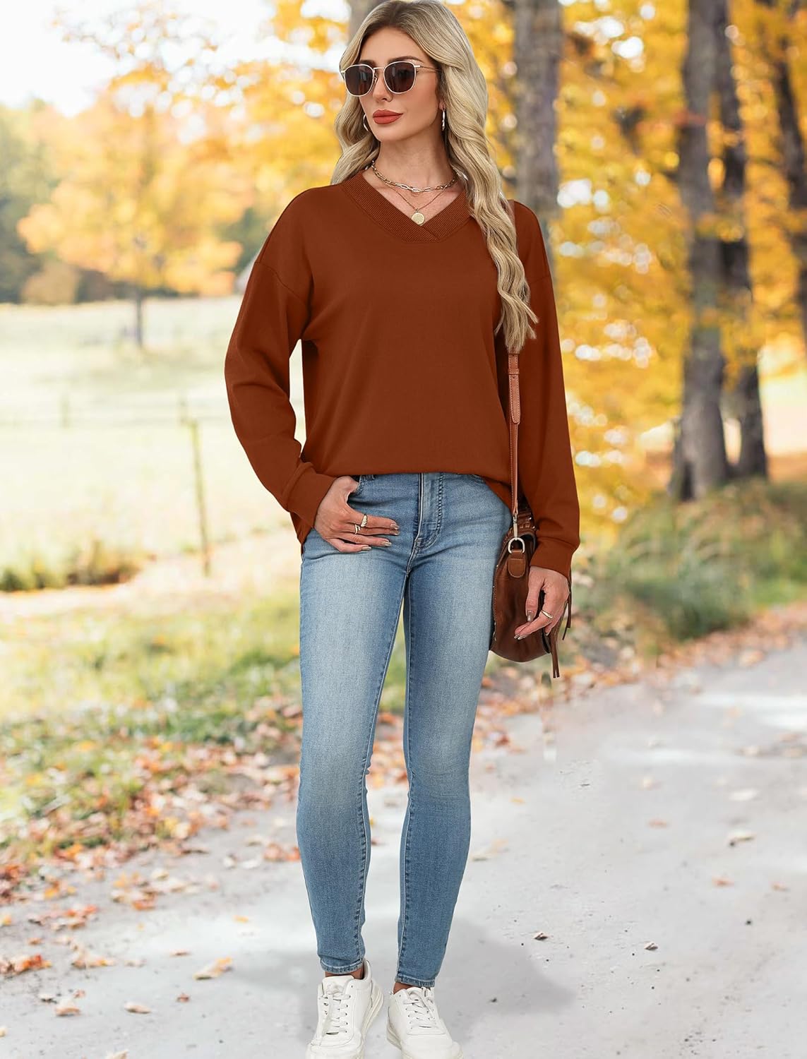 WIHOLL Sweatshirt for Women V Neck Sweaters Long Sleeve Shirts Fall Clothes Ribbed Collar 2025 Trendy Fashion - Image 3