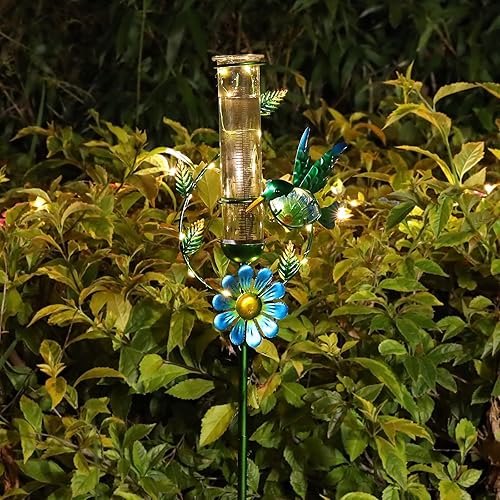 Miniatura 6 de MUMTOP Medidor de Lluvia para Exteriores, Estaca Decorativa de Colibrí de Metal con Flores, Alimentada por Energía Solar para Césped, Patio y Jardín