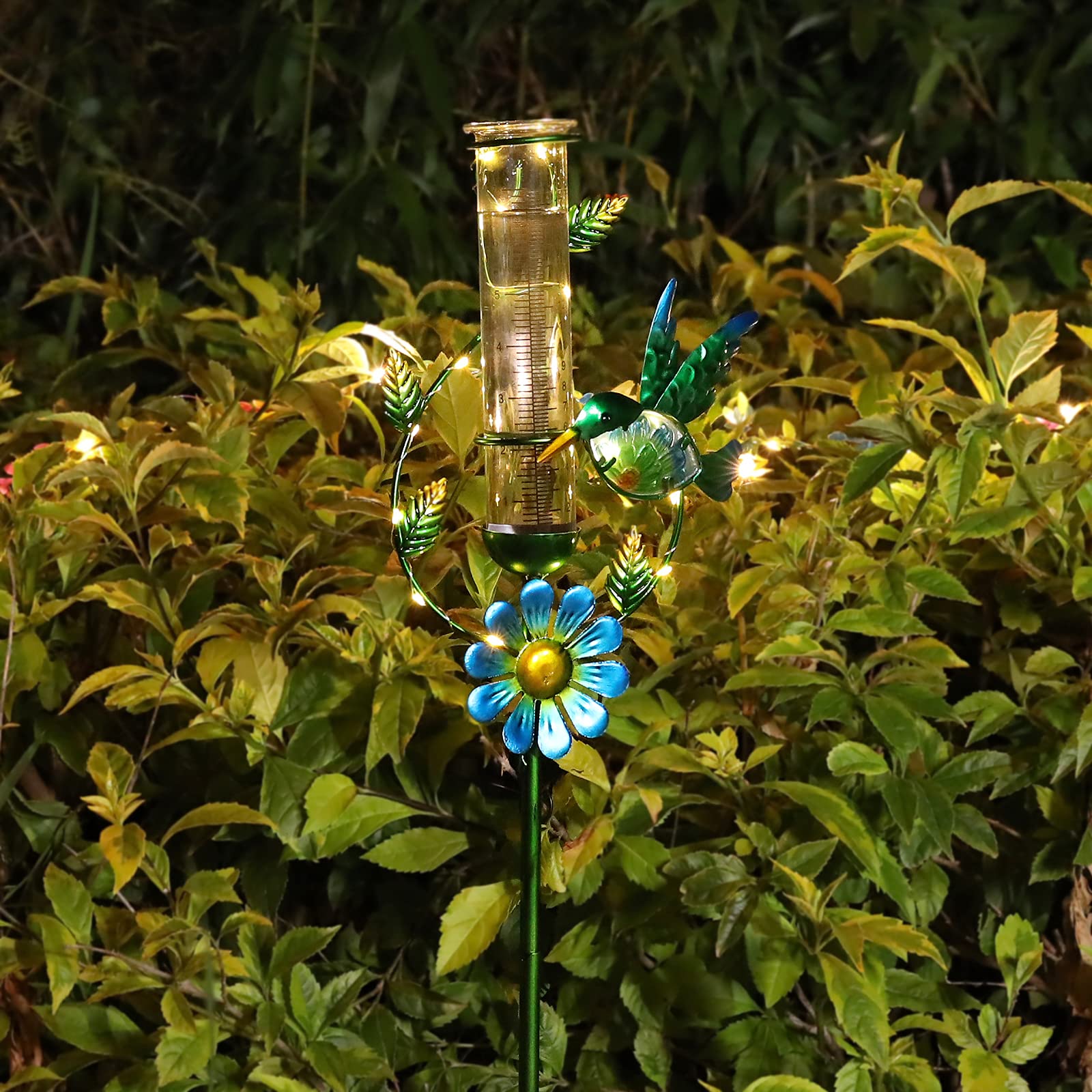 MUMTOP Pluviometro per esterni, a energia solare, da giardino, paletto in metallo, con luci a LED per giardino, cortile, patio