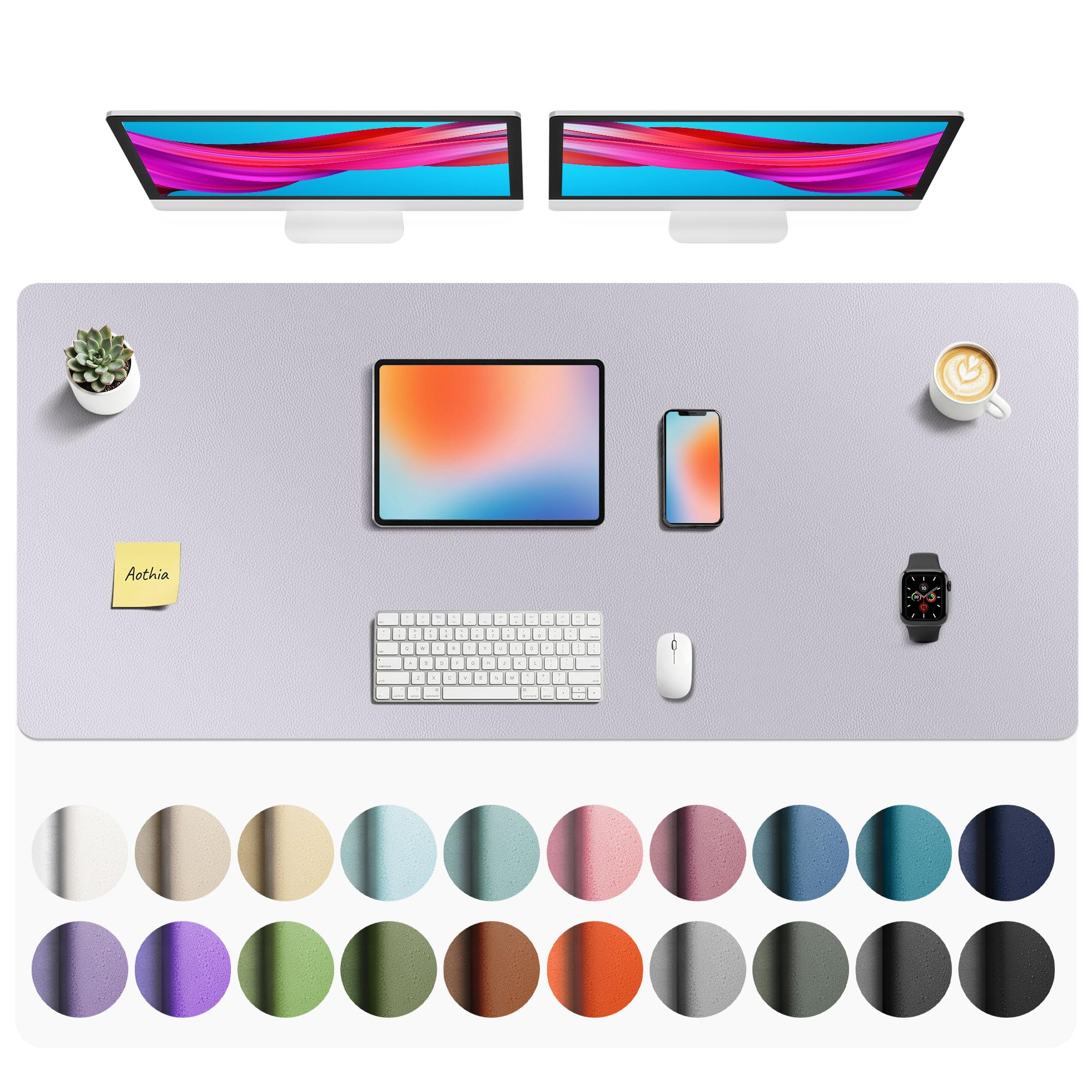 Aothia Faux Leather Desk Mat - Non-Slip PU Leather Desk Blotter, Waterproof Writing Surface, Large Desk Pad for Office &amp; Home (Smoky Lavender, 55" x 24")