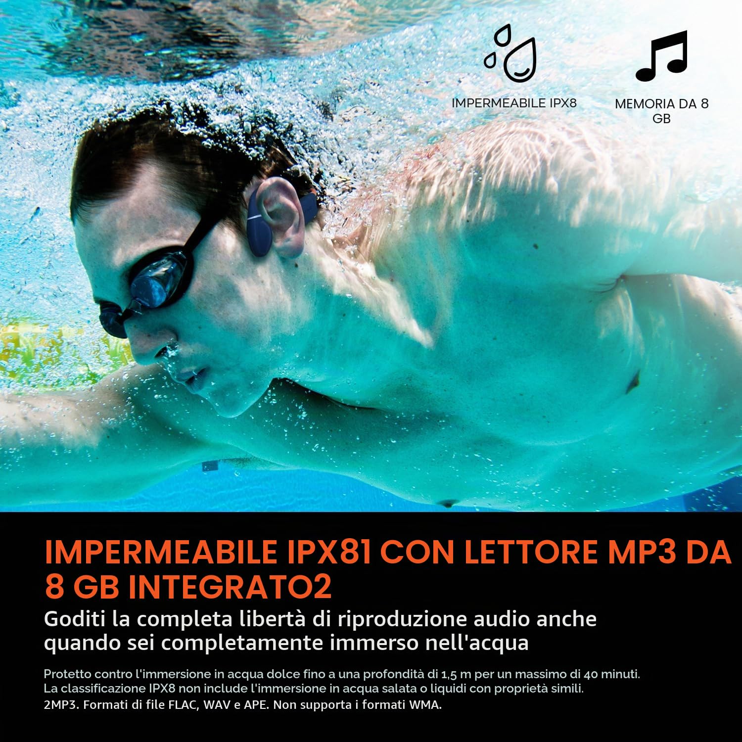 CREATIVE Outlier Free Pro+ Cuffie wireless impermeabili a conduzione ossea, MP3 da integrato, microfono integrato (Blu e arancione)