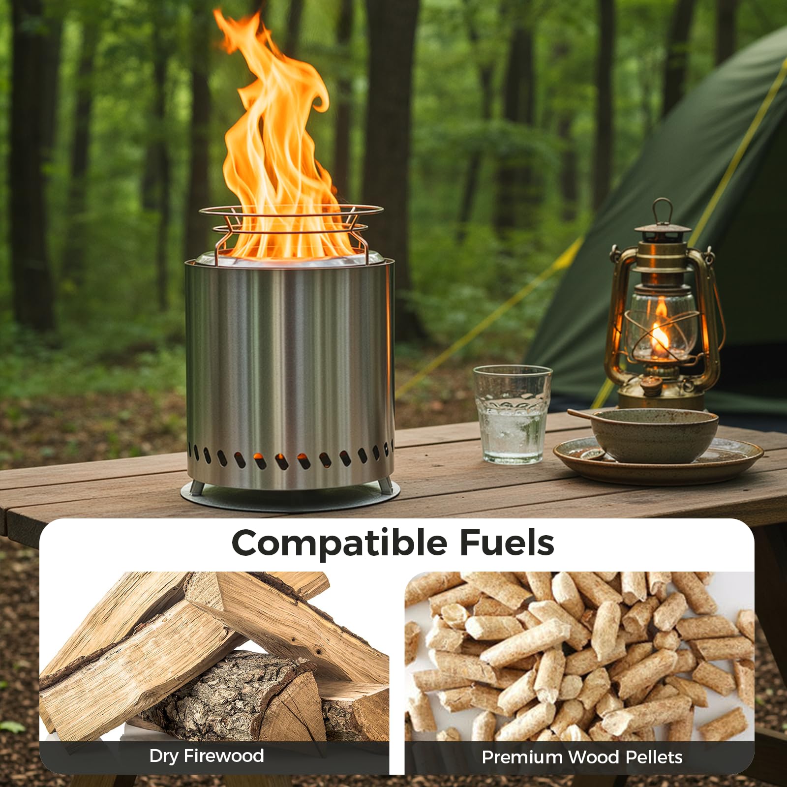 SMOOL 22cm Rauchfreier Tischfeuerkorb aus Edelstahl, Tragbarer Camping Feuerkorb für Outdoor & Terrasse, Inkl. Tragetasche, 2 Stöcken und Feuerfestmatte, Für Pellets & Holz (8.6 Zoll) - 5