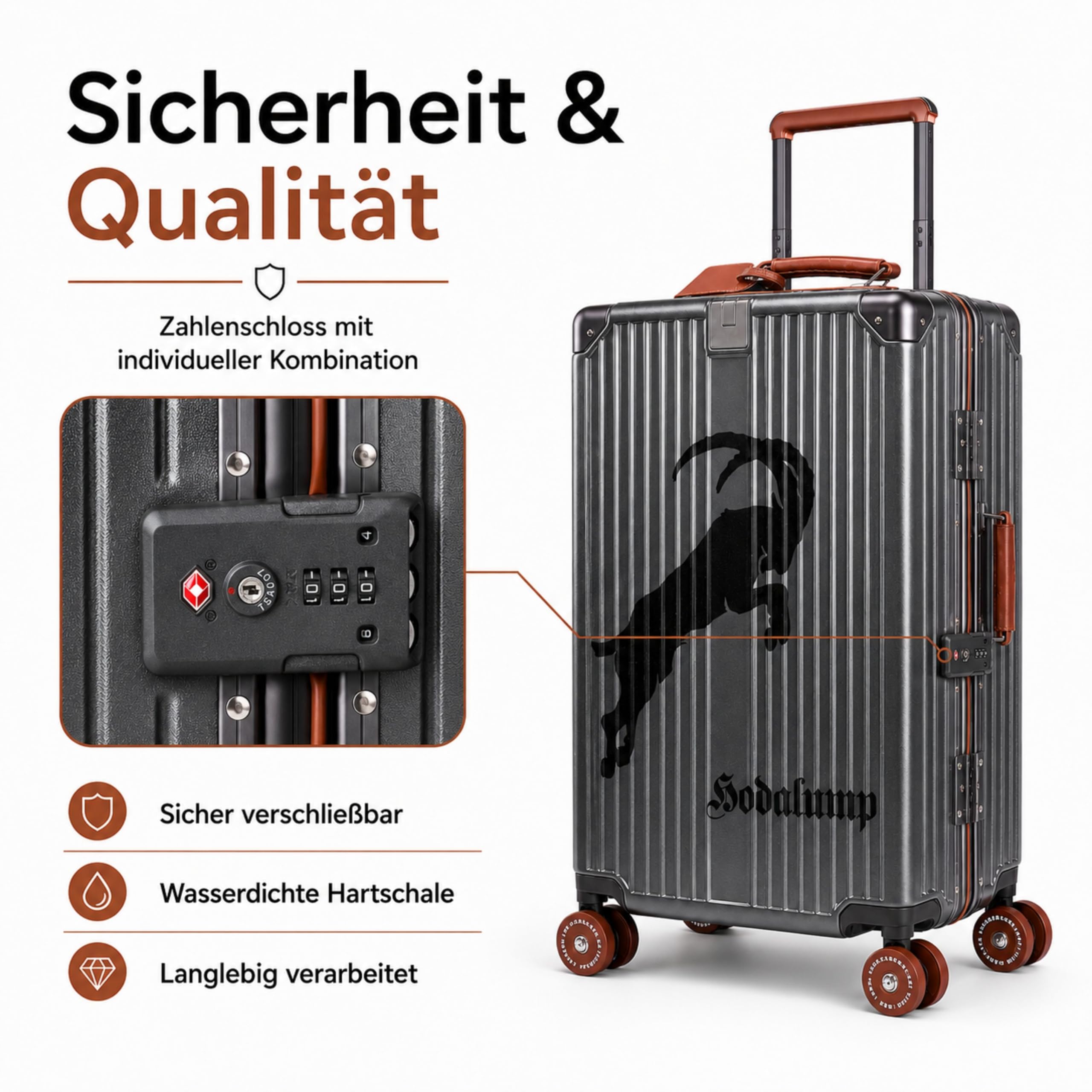 hodalump - Reisekoffer 95L, Hartschalen-Trolley mit Rollen, Zahlenschloss, Getränkehalter & Taschenhalter, Leichter Rollkoffer, großer Reise Trolley für Urlaub & Business