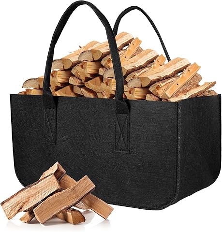 AiQInu Cesta Leña Para Leña de Chimenea, Plegable Cesta de Fieltro, 50x25x25cm Multifunción Bolsa de Fieltro para Transportar Madera, Guardar Juguetes, Madera, Periódicos, Ropa, Compras