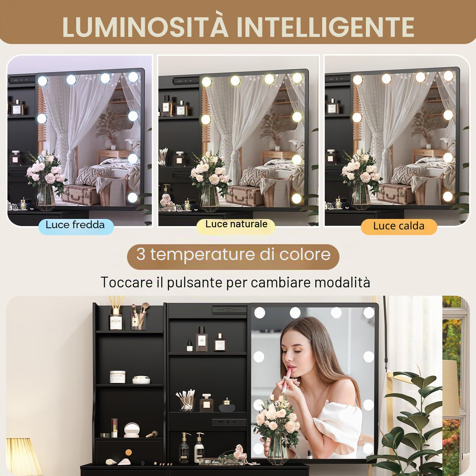 Tavolo da trucco con illuminazione LED, 3 colori con luminosità regolabile, specchio per il trucco, nero M29