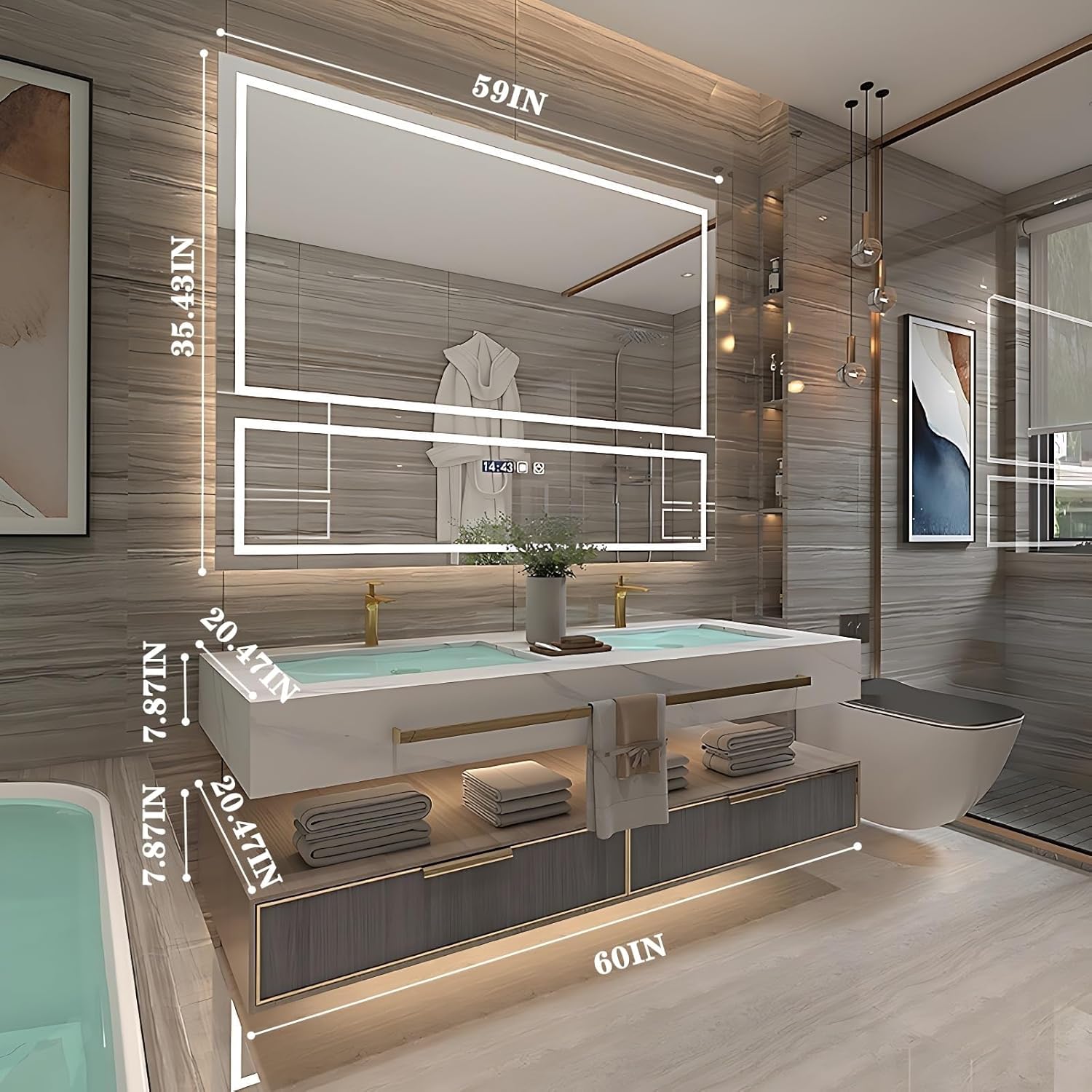 Bathroom Vanity with Sink - Modern Single/Double Sink Floating Bathroom Vanity Cabinet with LED Defog Mirror Set, Faucet Accessories Included (Double Sink,60")