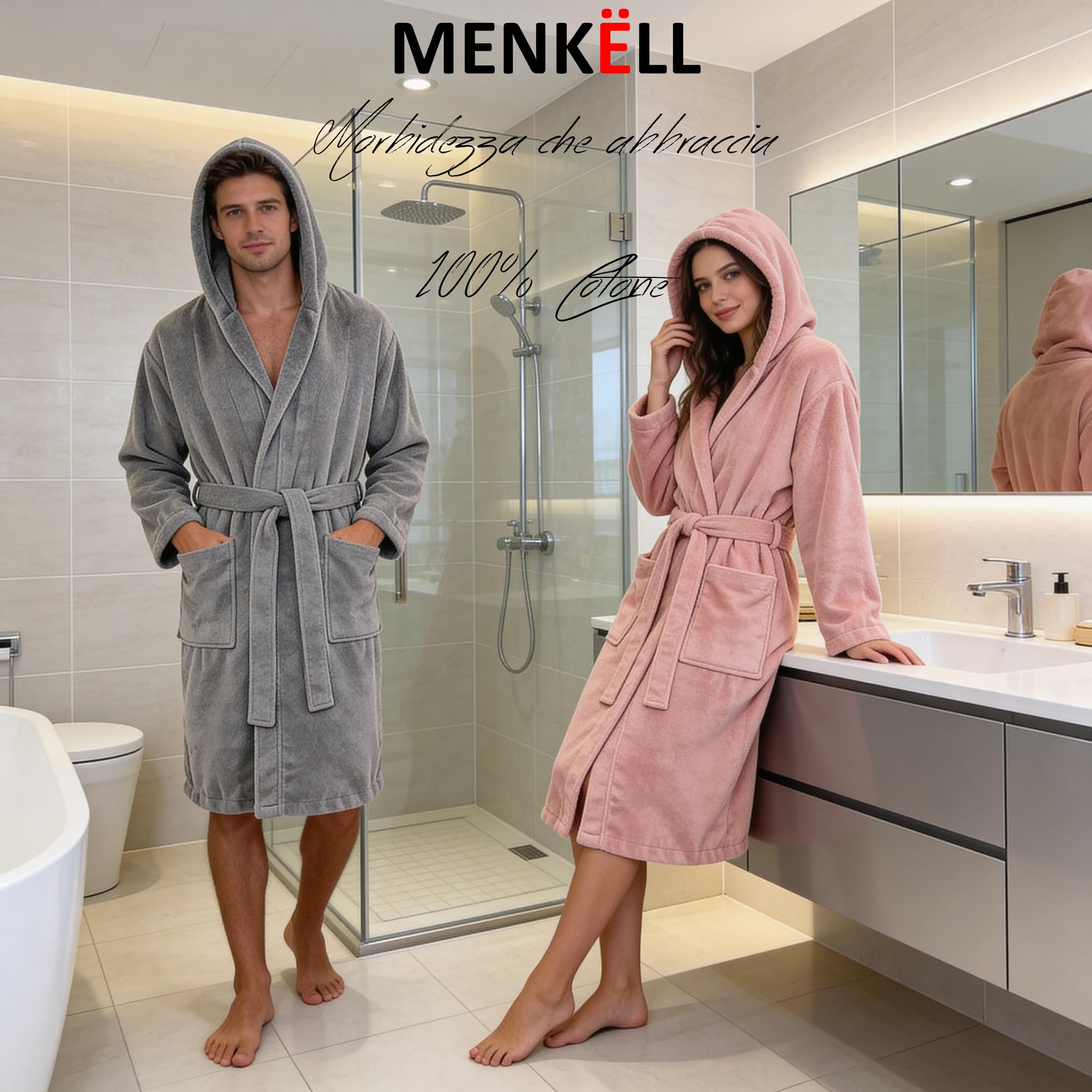 Accappatoio Uomo Donna in Spugna 100% Cotone - Morbidissimo, Ultra Assorbente - con Cappuccio, Ampie Tasche e Cinturino - per Casa, Piscina, Palestra