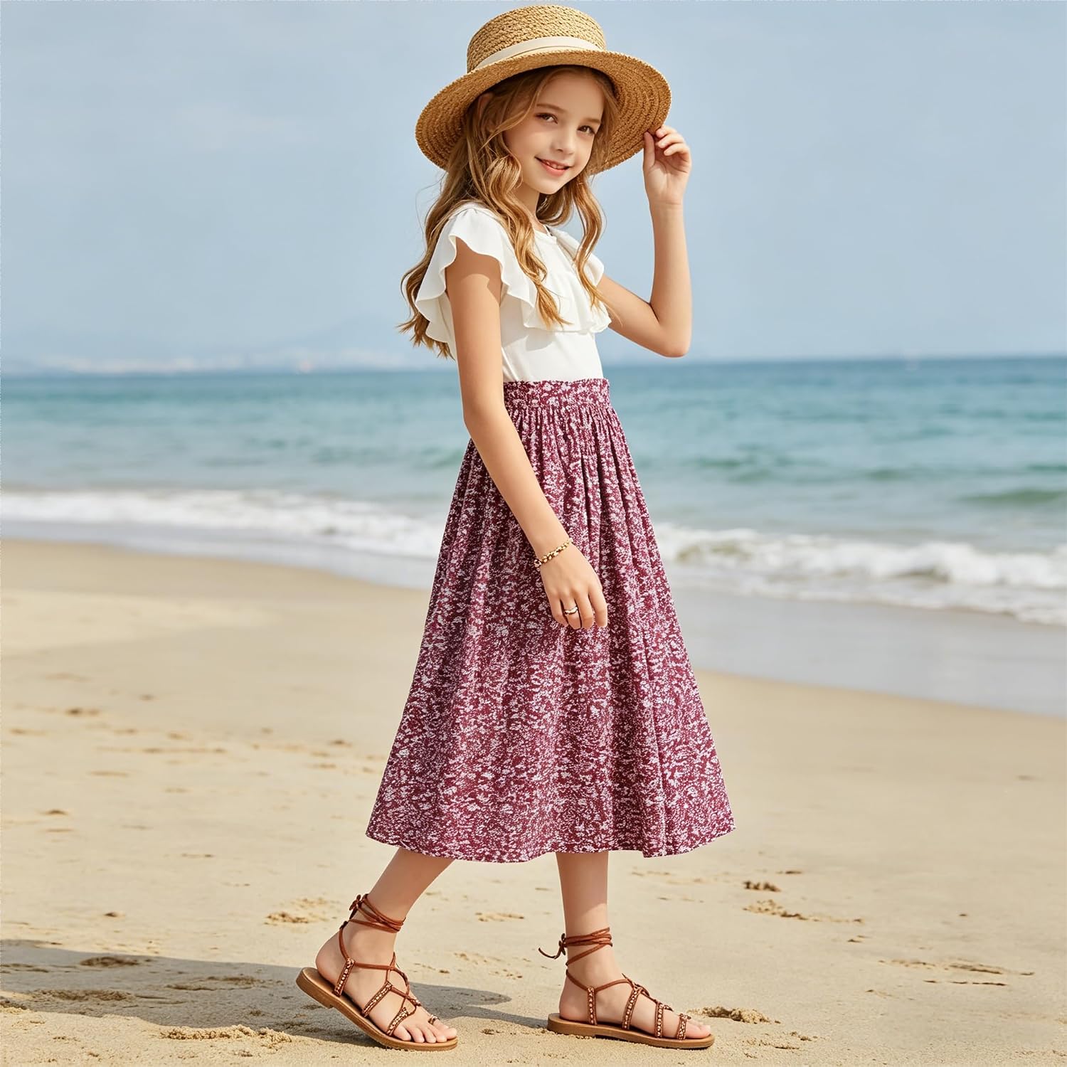 Girls Long Skirt Maxi Floral Boho Flowy A-Line Summer Casual Beach Midi Skirt with Elastic Waist 5-14 Y