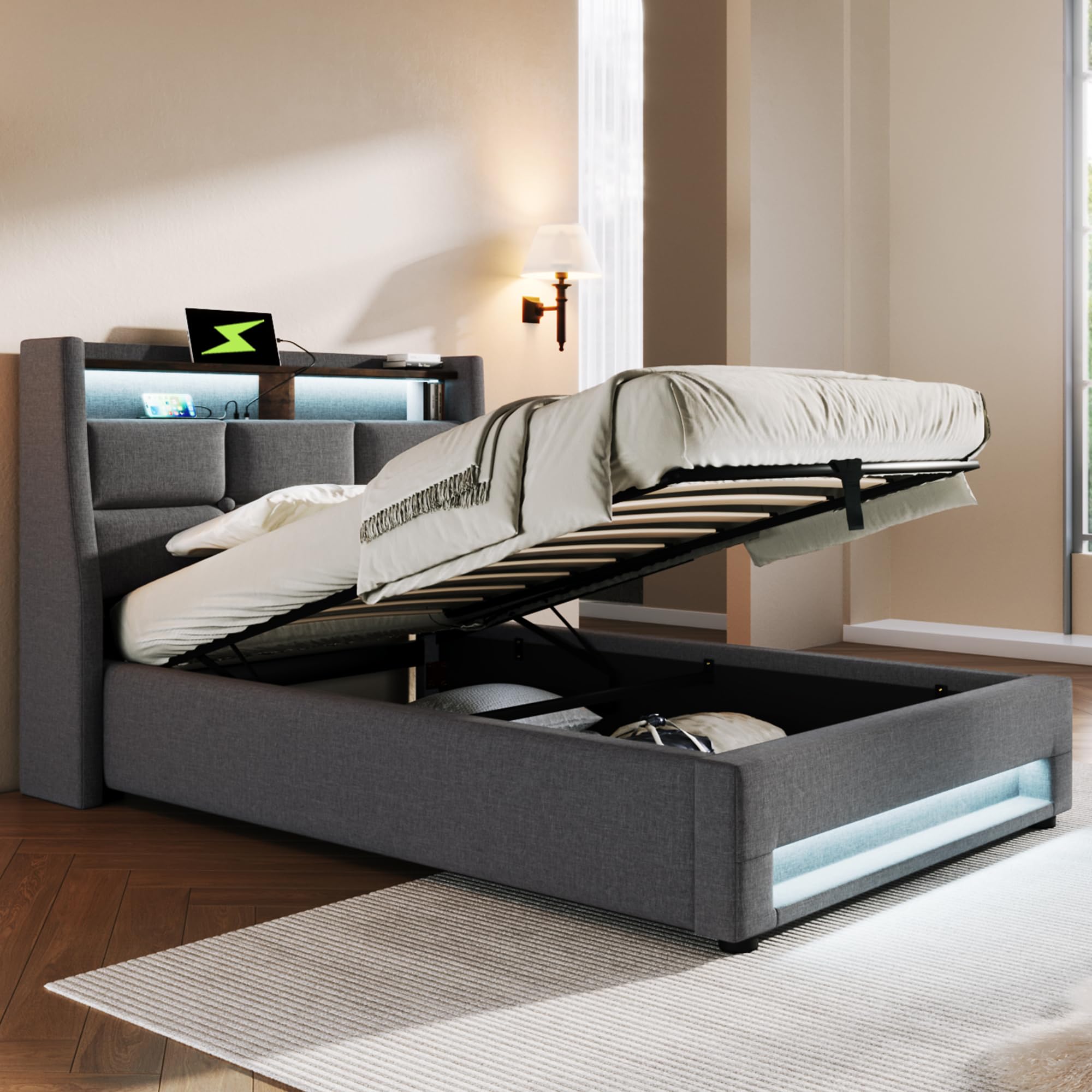 Letto Imbottito Singolo Letto 90x200 cm con Illuminazione a LED e Porta USB, Letto per Bambini con Idraulico Contenitore, Struttura Letti Singoli per Ragazzi, Grigio, Lino, Senza Materasso