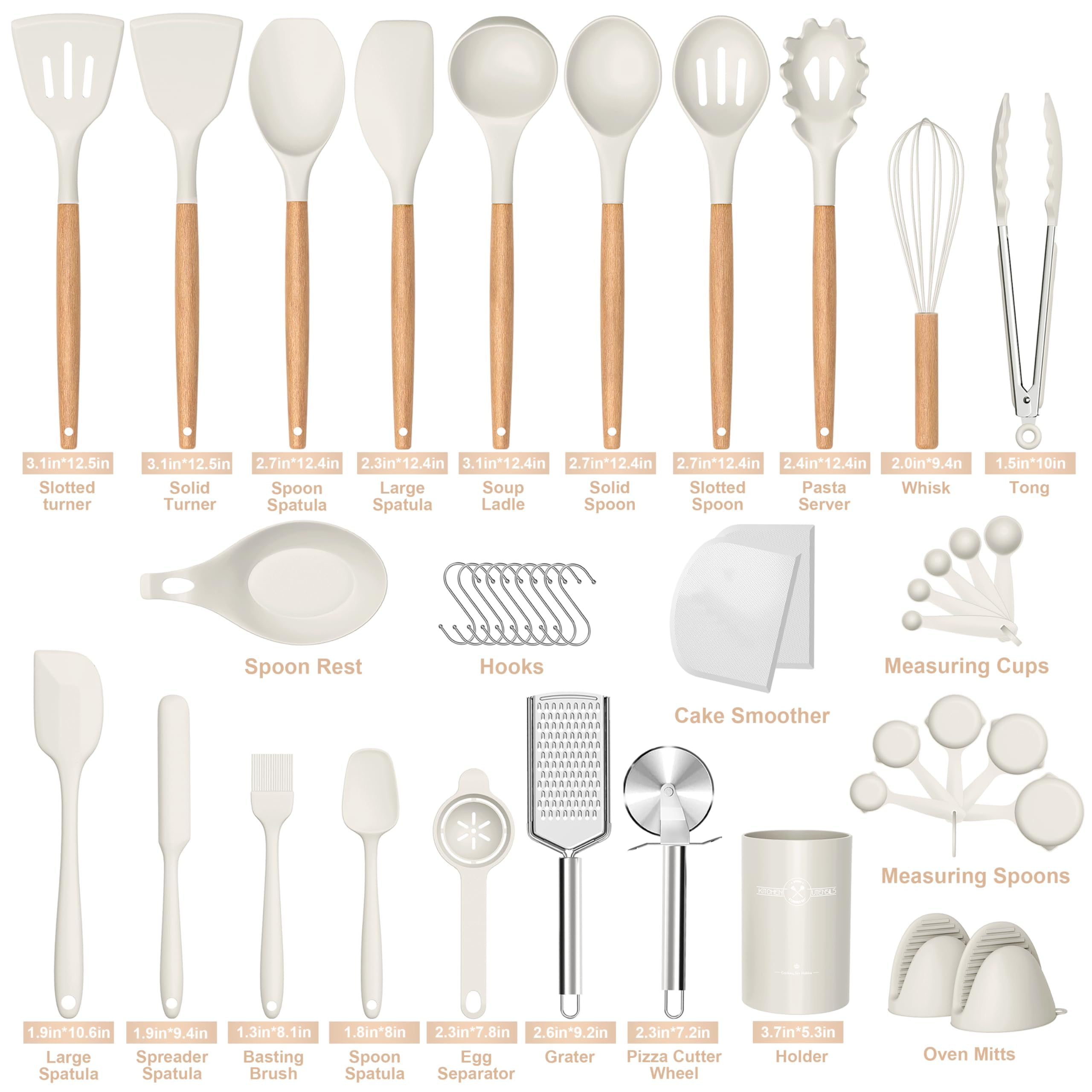 Set di utensili da cucina in silicone, 43 spatole antiaderenti resistenti al calore, con manico in legno per cuocere, cucinare e miscelare, i migliori strumenti da cucina con supporto (bianco)