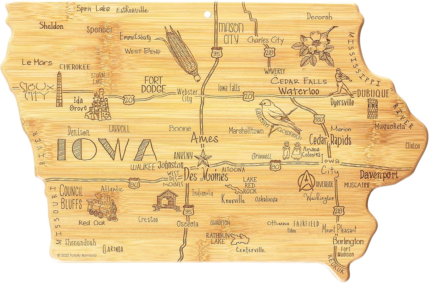 Totally Bamboo Destination Iowa Shaped Cutting Board – Bamboo Charcuterie and Serving Board with Hang Tie for Wall Display