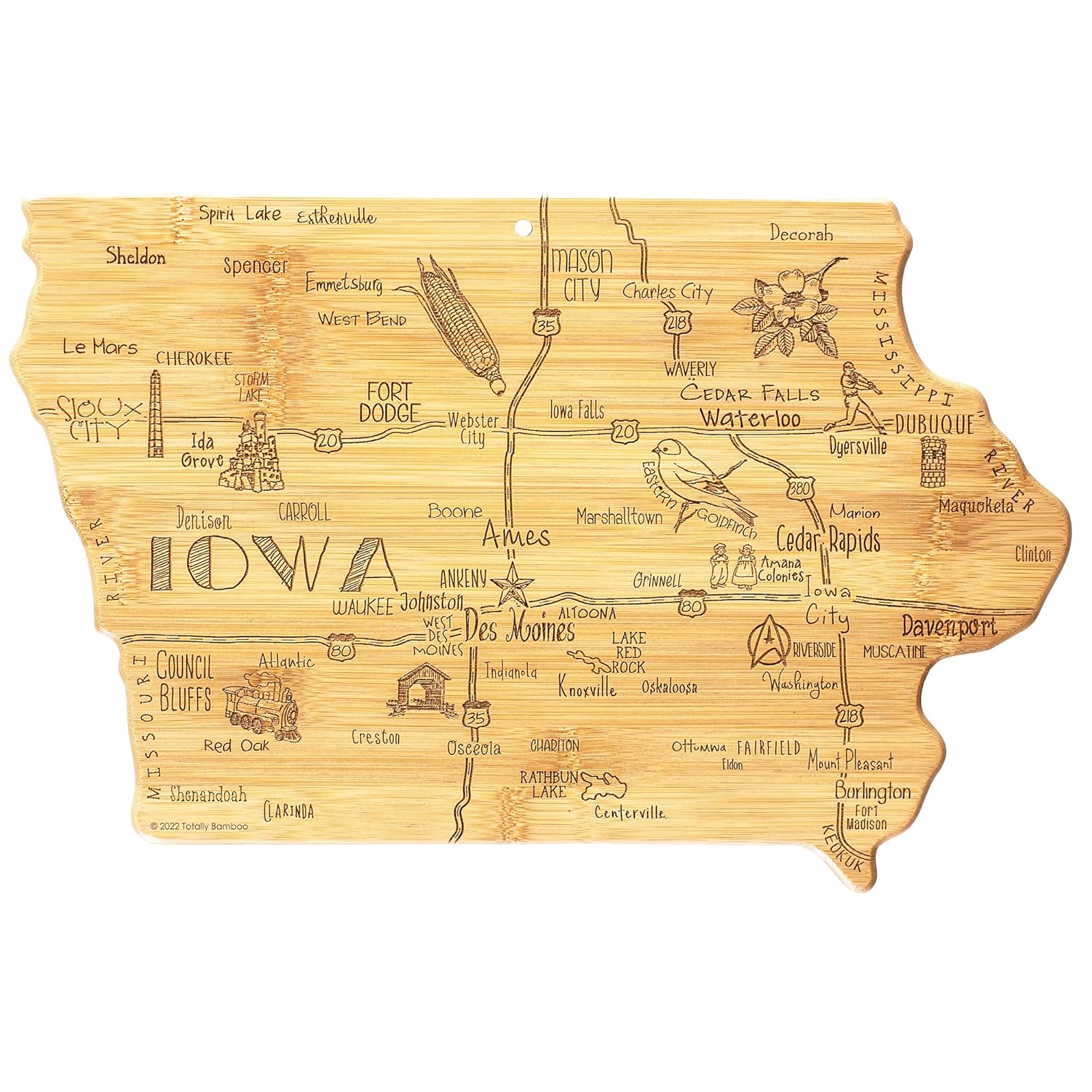 Totally Bamboo Destination Iowa State Shaped Cutting Board Charcuterie and Cheese Serving Board Iowa Gift for Home D