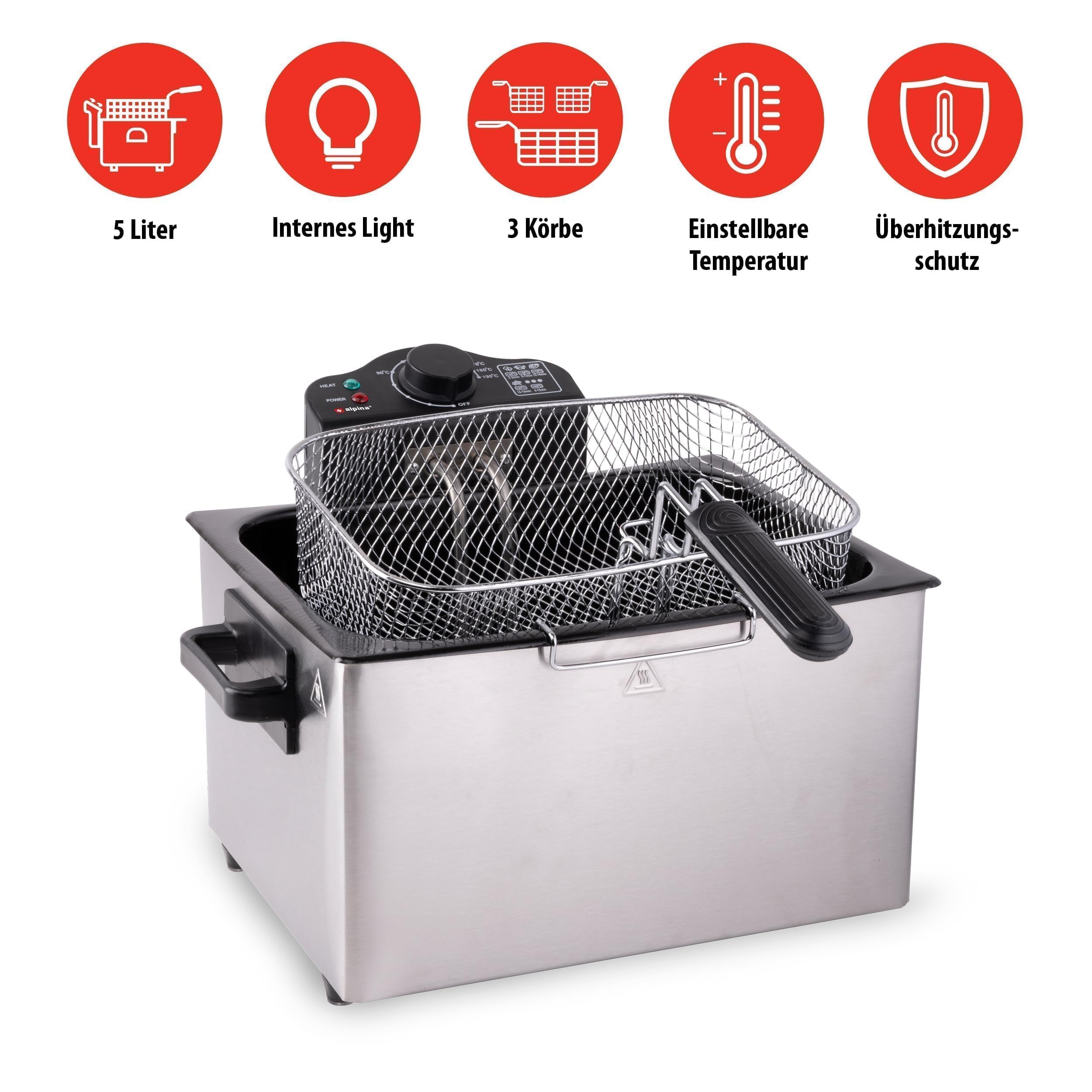 Alpina Friggitrice – 3 cestini – 5 litri – 2000 Watt – Termostato fino a 190 °C – Anti-riscaldamento – Acciaio inossidabile