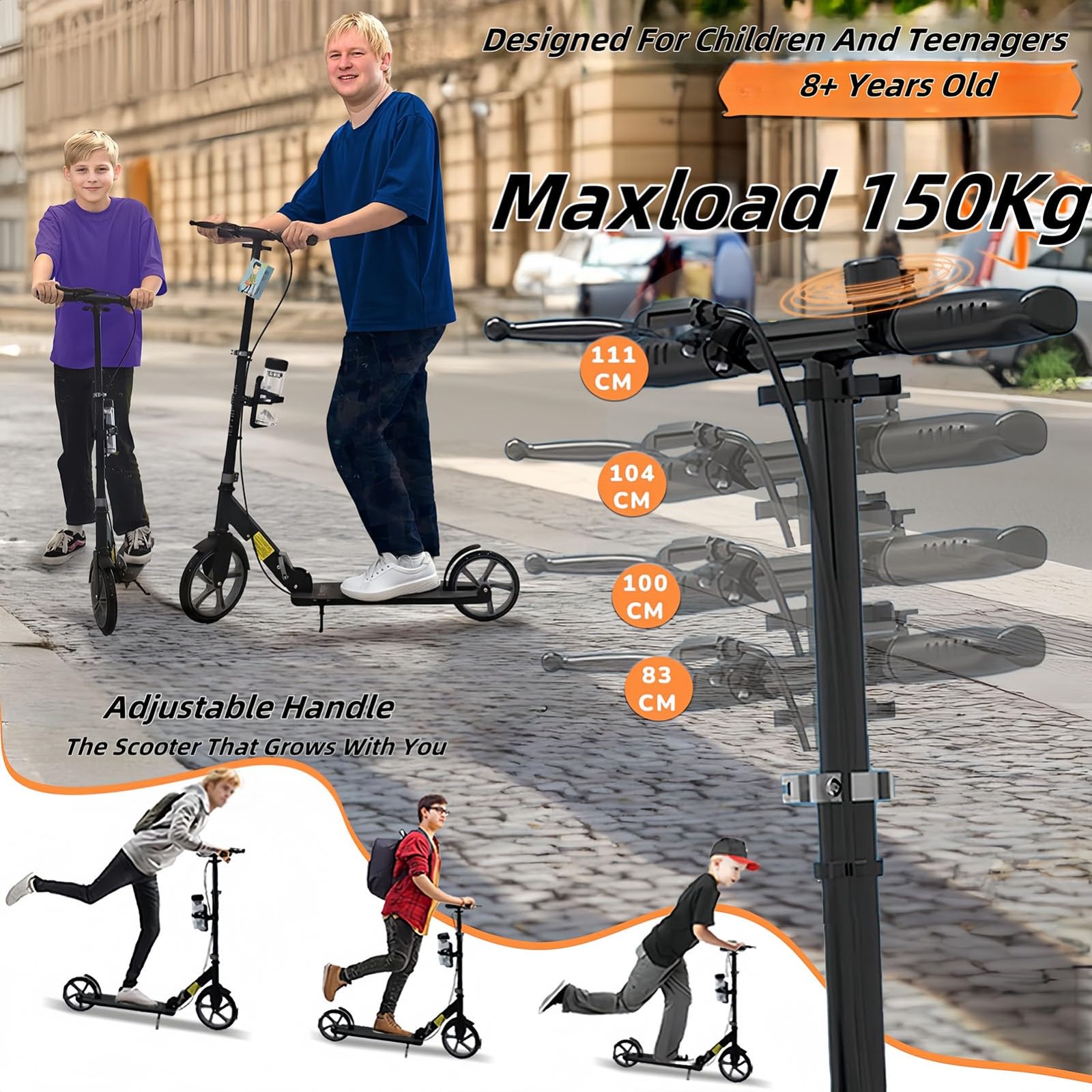 City Scooter Monopattino Per Adulti Ruote Da 230 Mm PU Big Wheel, Pieghevole E Regolabile In Altezza Con Freni E Ammortizzatori, Capacità Di Carico 150 Kg
