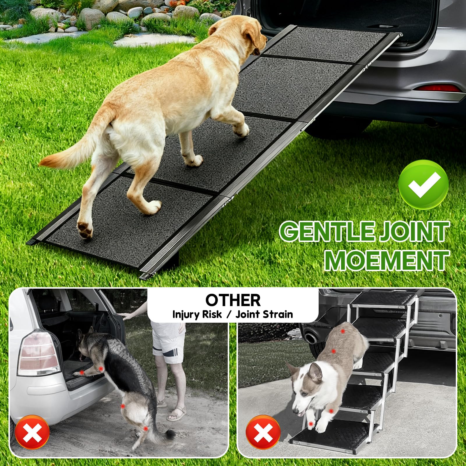 Healifty Hunderampe Auto Klappbar, Hunderampe, Zusammenklappbare Hundetreppe, Montage in 5s, Leichtem Aluminiumrahmen & Rutschfester Oberfläche, Rampe Hund für 110kg Große Hunde SUV & LKW (170x45CM)