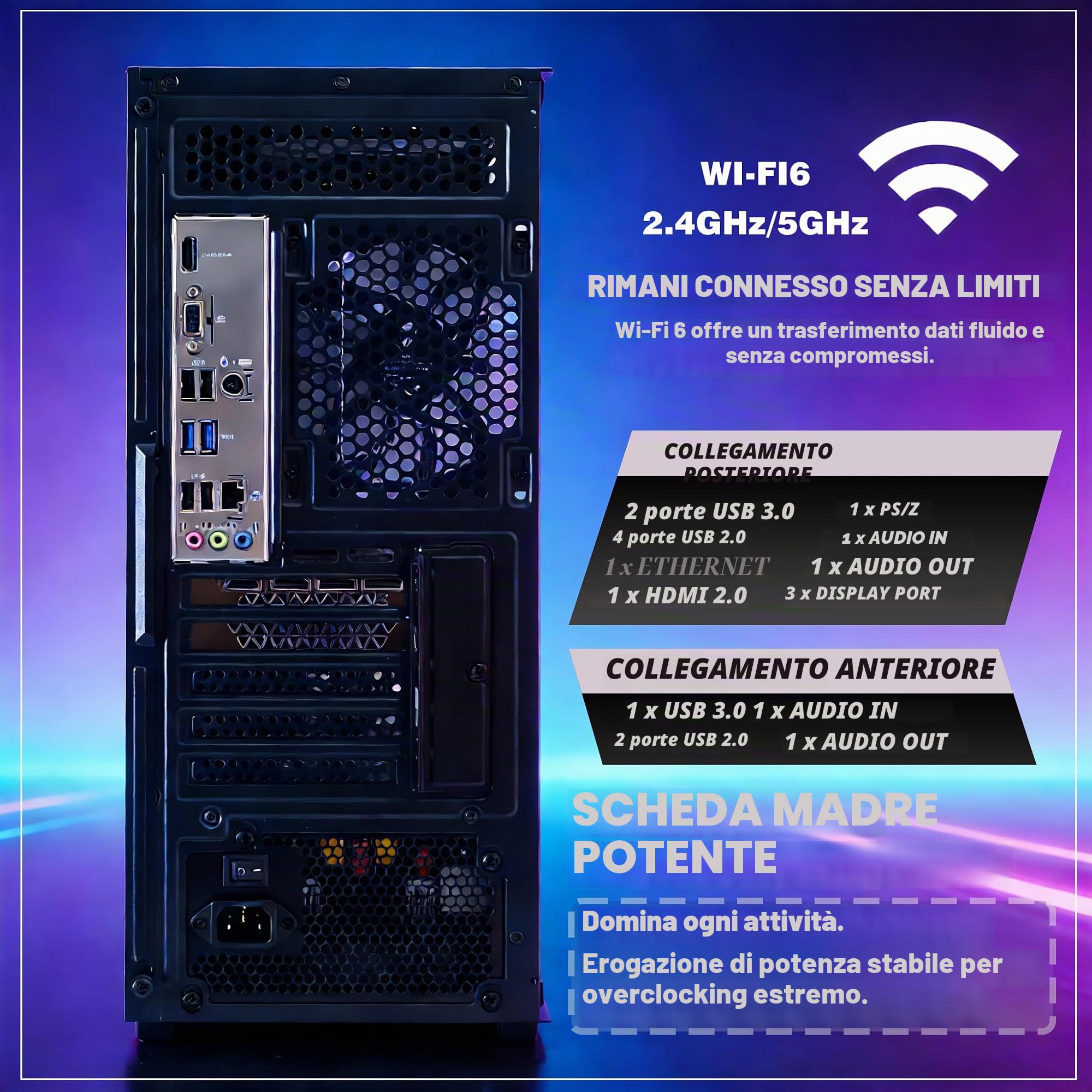 Gaming PC Core i5-14400F, GeForce RTX 4060TI, B610, RAM DDR4 16GB(8GB*2) 3200MHz, SSD NVMe da 1TB, P700W, 5 ventilatori RGB, WIFI, PC di gioco e creazione potente