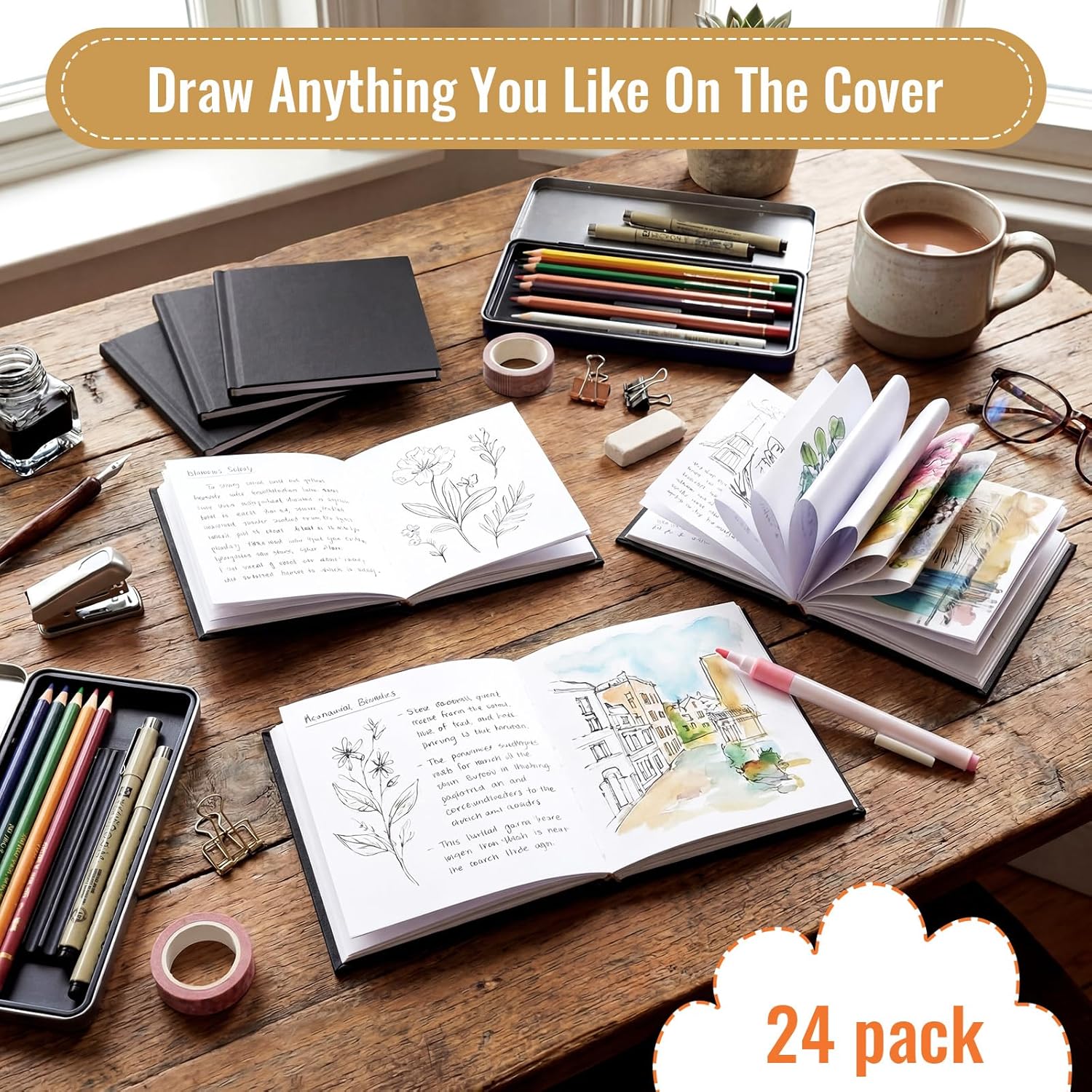 Ireer 24 Pcs 5 x 5 Inch Hardcover Blank Book Bulk Small Sketch Pad to Write Stories Blank Notebooks for Journaling Sketching Writing DIY Crafts Supplies 72 Pages(Black)