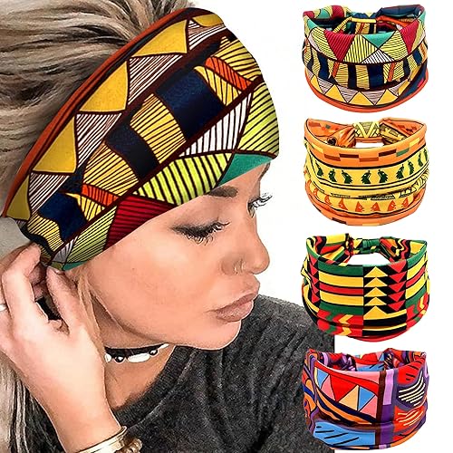 Miniatura 12 de Paquete de 4 diademas anchas para mujer, color negro, elegante, elástica, anudada, turbante de humedad, para entrenamiento, bandas para el sudor