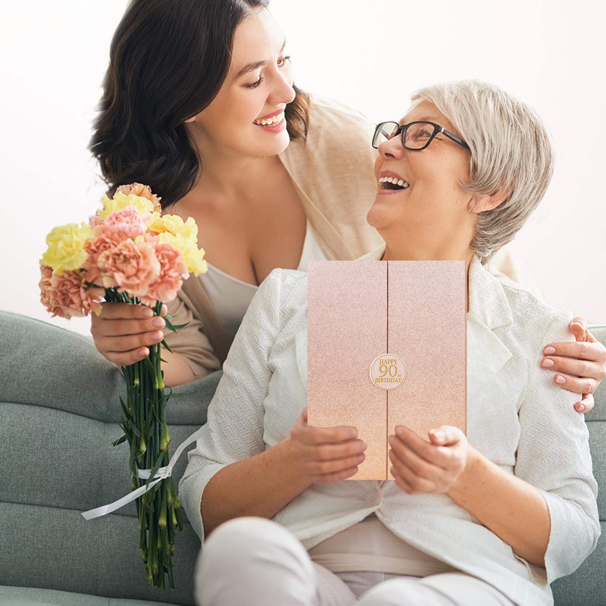 DARUNAXY Decoraciones de fiesta de cumpleaños 90 de oro rosa, libro de invitados alternativo de feliz 90 cumpleaños para mujeres, regalos de felicitación rosa a 90 años, suministros de fiesta