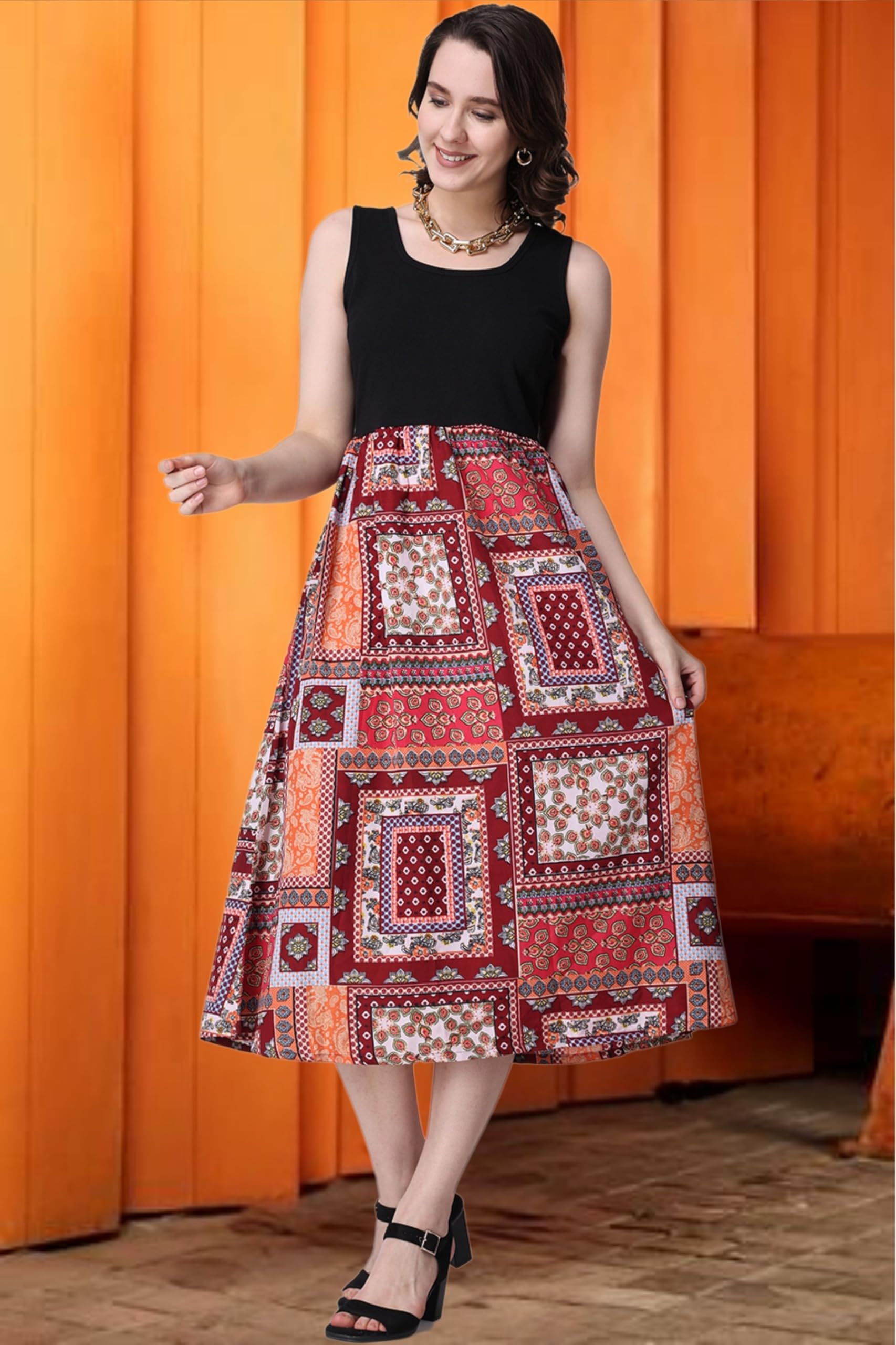 Popwings Casual Boho Printed And Solid Peplum Dress For Women || Summer Dresses For Women || Sleeveless Women Dresses || Round-Neck Knee-Length Fit And Flare Stylish Latest Dresses For Women