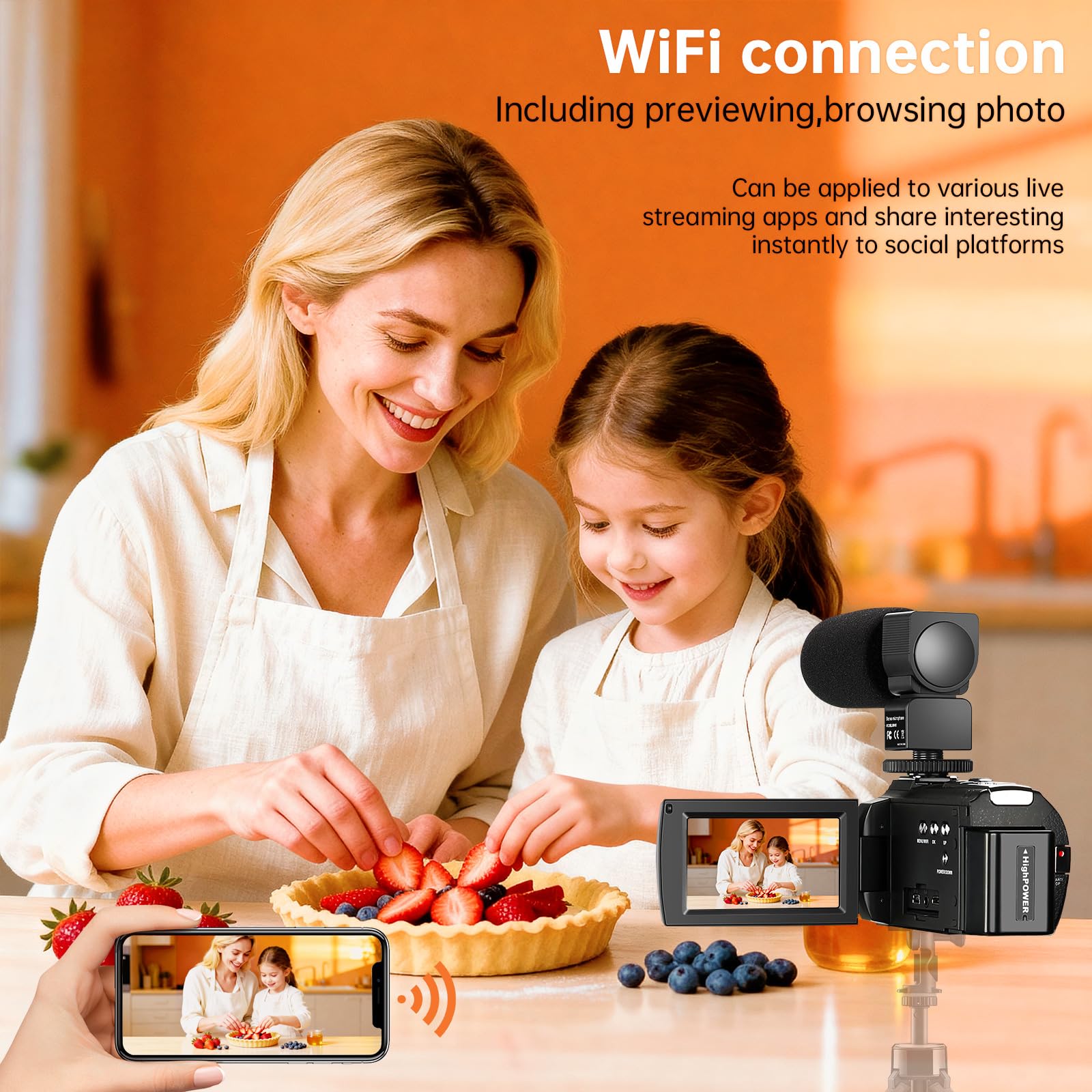 Videocamera 4K60FPS 48MP Vlogging Camera per YouTube Touch Screen da 3 pollici Zoom digitale 16X WiFi IR visione notturna con 2 batterie Microfono stereo esterno, telecomando, paraluce, stabilizzatore