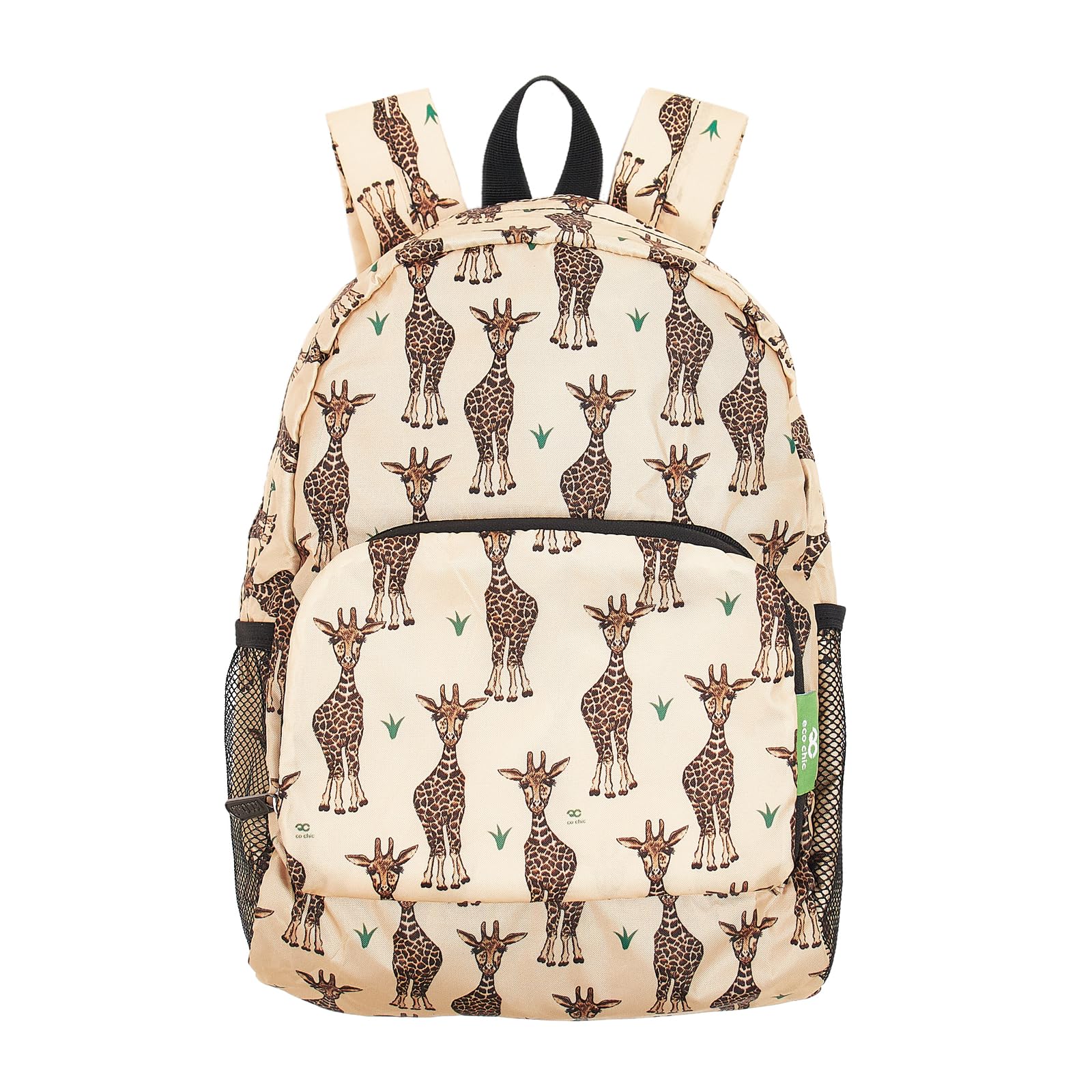 Eco Chic Lightweight Foldable Water Resistant Mini Backpack Folds Into Pouch for Storage (Giraffes Beige)