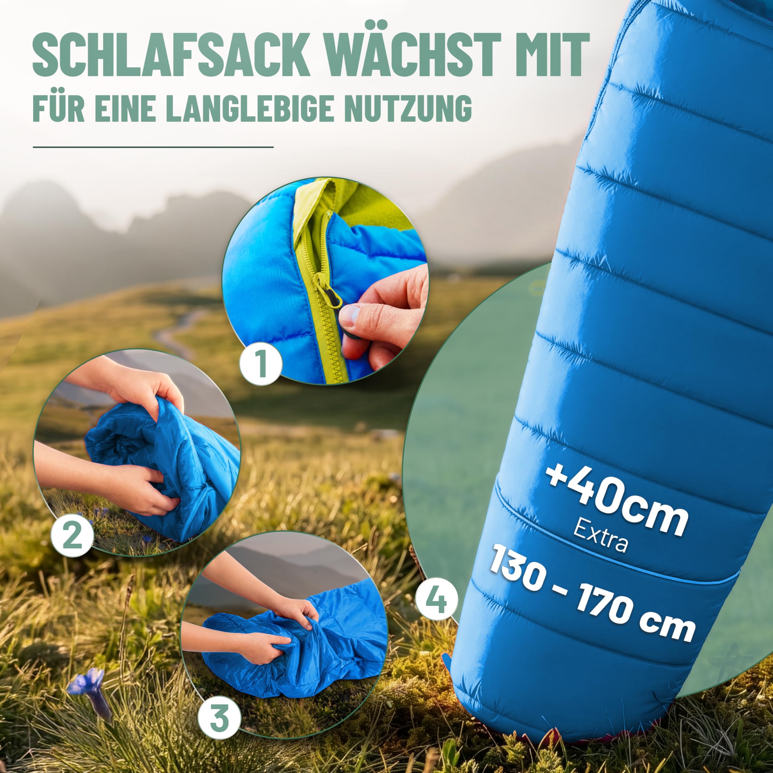 ALPENWERT® Kinderschlafsack Sommer – wächst mit! [130–170 cm] – Nur 920g, Kompakt [32×19 cm] – Perfekt für Camping, Festival, Outdoor – Mumienschlafsack ab 6 Jahren