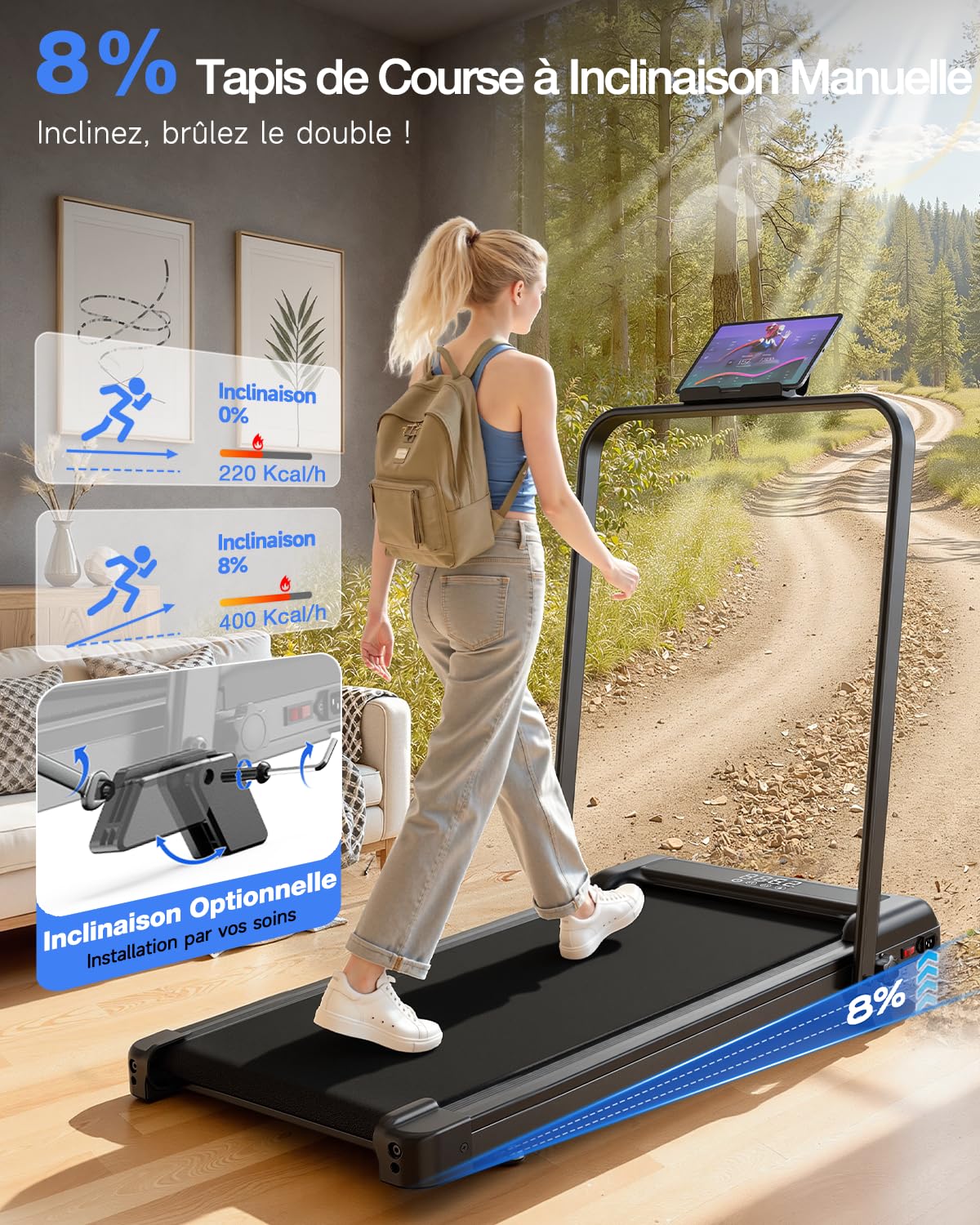 Tapis Roulant Elettrico 4 in 1 Pieghevole con Inclinazione 8% – 3.0CV Motore Silenzioso, 10 km/h, Sistema di Ammortizzazione, Schermo LED, Salvaspazio per Casa e Ufficio