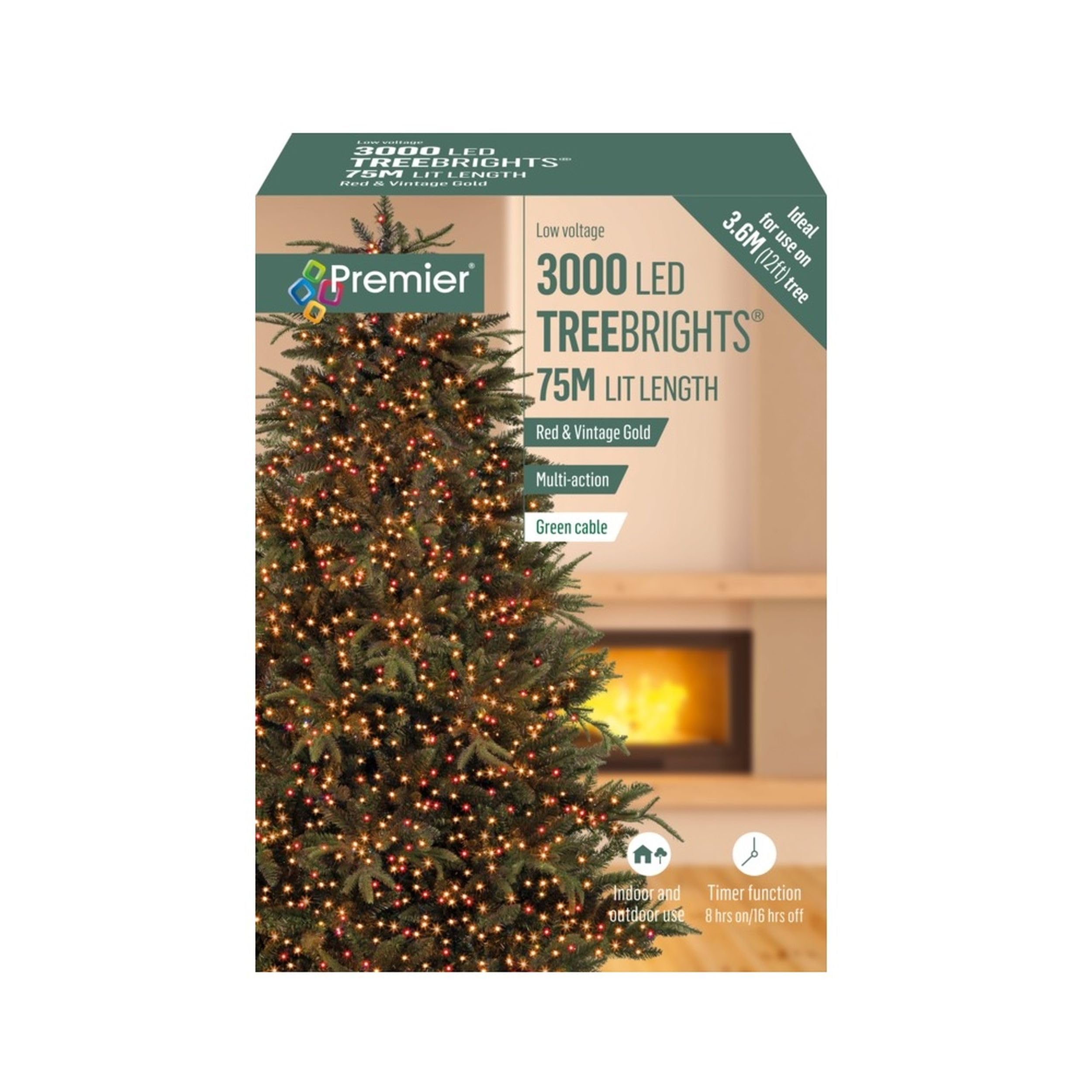 Premier 3000 LED Treebrights - Christmas Tree String Lights - Multi Action with Timer Function -75m Lit Length - Red Vintage Gold LEDs.