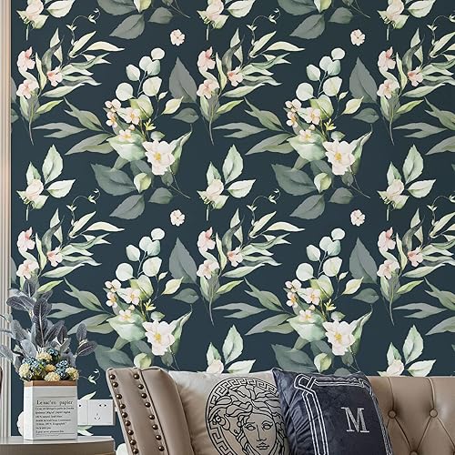 Miniatura 2 de Papel tapiz floral para despegar y pegar, papel de contacto extraíble, hojas verdes negras, bohemio, fácil de despegar, autoadhesivo, impermeable,