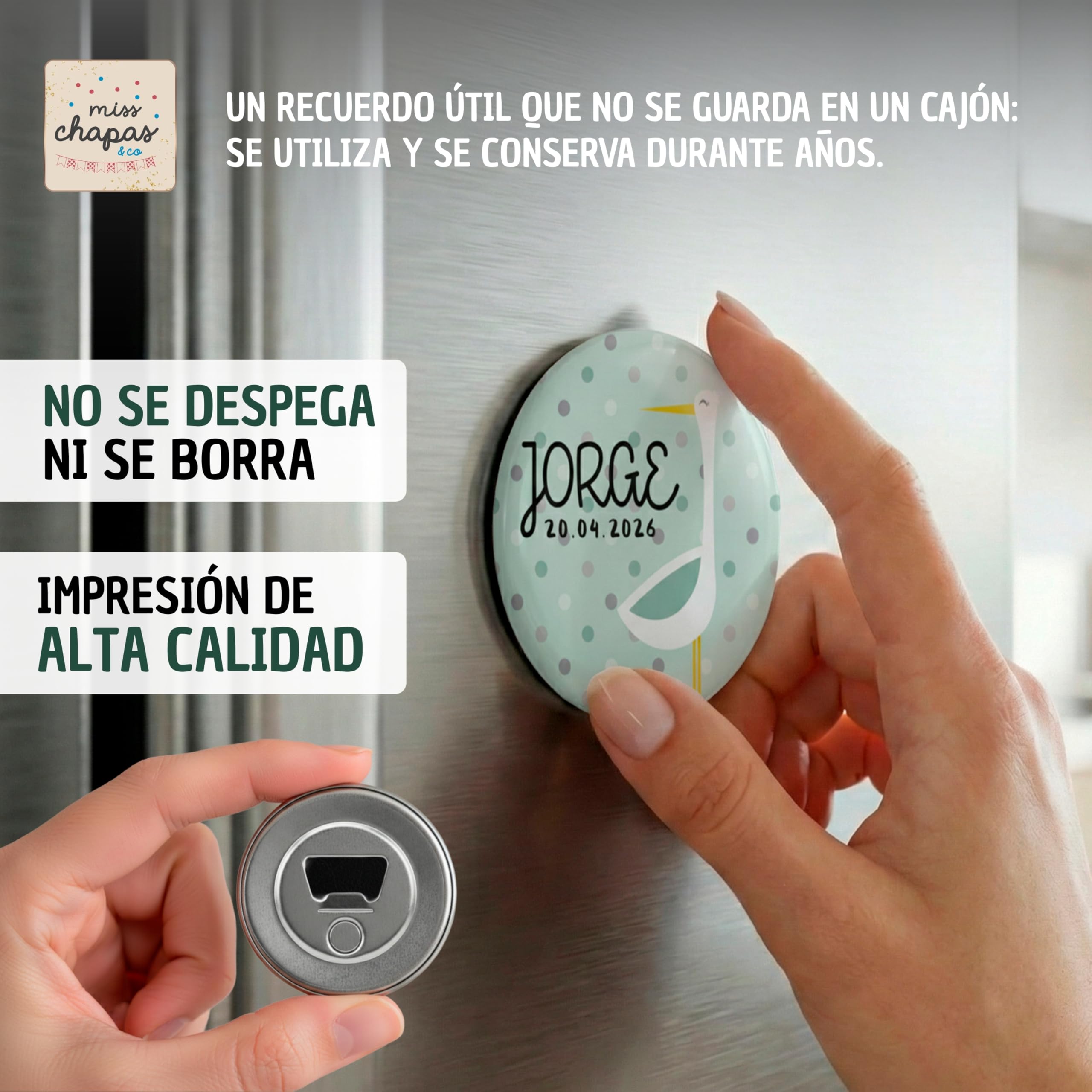 Pack 20 Abridores Magnéticos Personalizados Bautizo Cigüeña Verde Mint – Detalle Invitados Bautismo Bebé Niño | Recuerdo Original y Útil | Presentación Individual Lista para Regalar