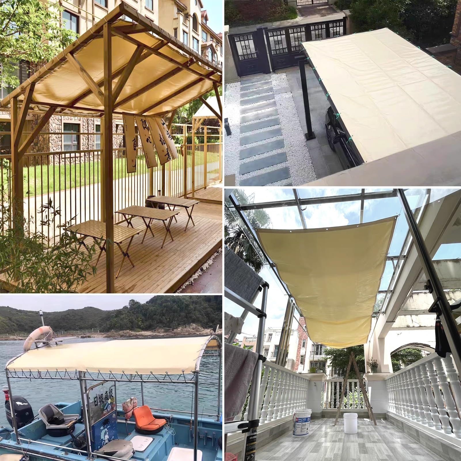 Bâche en PVC Feuille de bâche beige robuste 500 g/m², Couvre-sol imperméable, Housse de protection polyvalente pour mobilier d'extérieur, camping, caravane, voiture, avec œillets renforcés(5x6m)