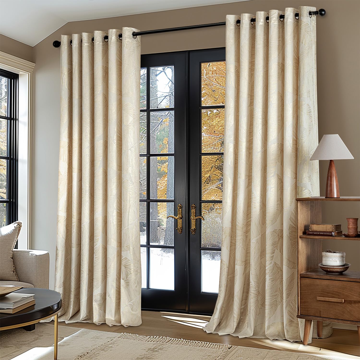 MIULEE Gold Foil Leaf Velvet Curtains 2 Panels Cream 90x90in Eyelet