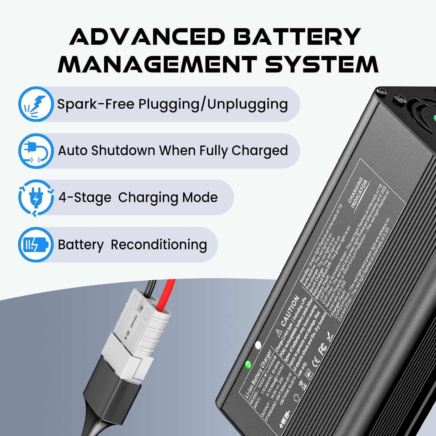 14.6V 20A Lithium Battery Charger, LiFePO4 Charger Supports Battery Recondition AC-DC Smart Charger Special for 12V/12.8V Deep Cycle Rechargeable Batteries of Car, Truck, Boat, RV
