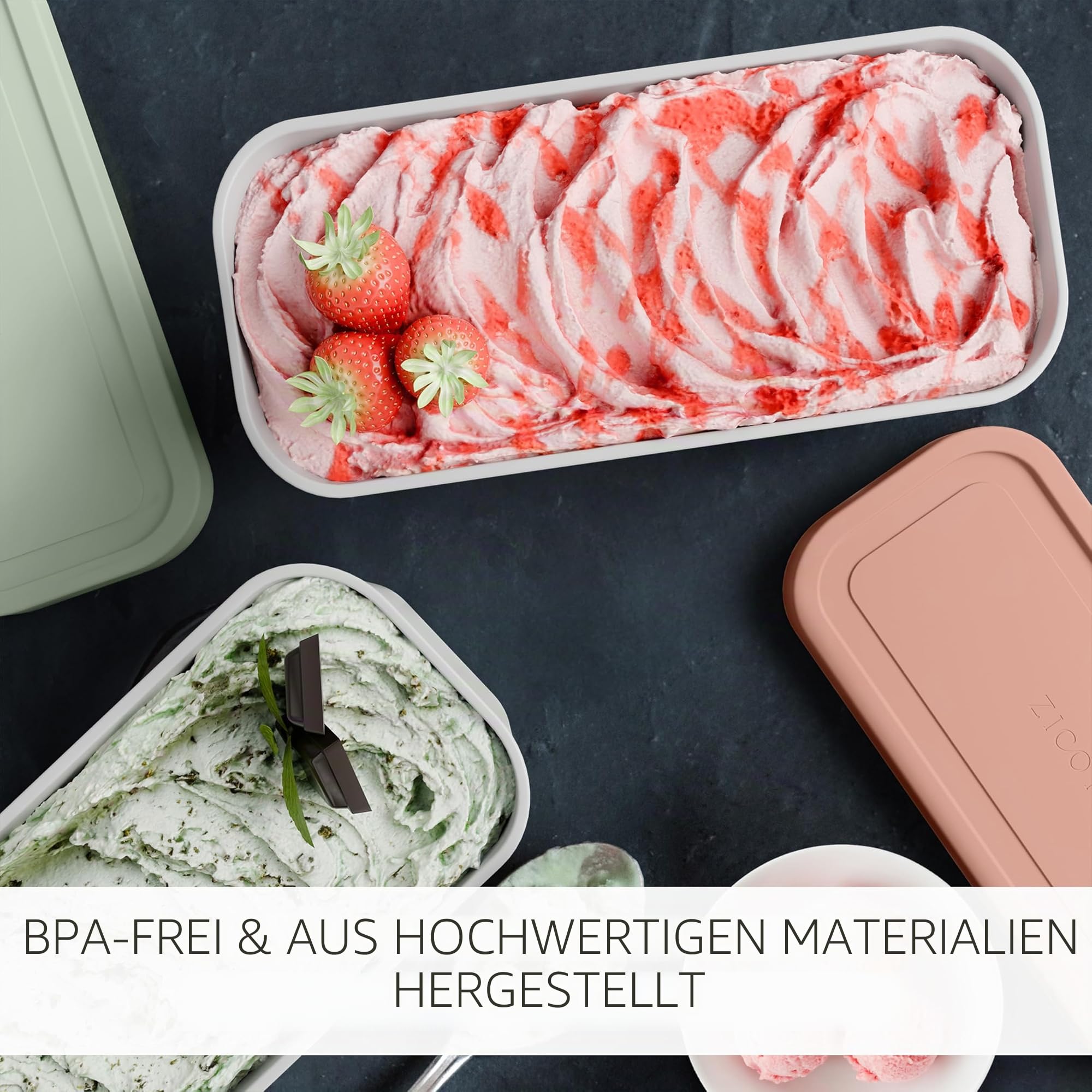ZICOTO Set mit 2 wiederverwendbaren Eisbehältern 1,9 Liter jeweils - Perfekt für hausgemachtes Sorbet, gefrorenes Joghurt oder Gelato - Stapelbare Aufbewahrungsbehälter, Aufkleber und Deckel passen