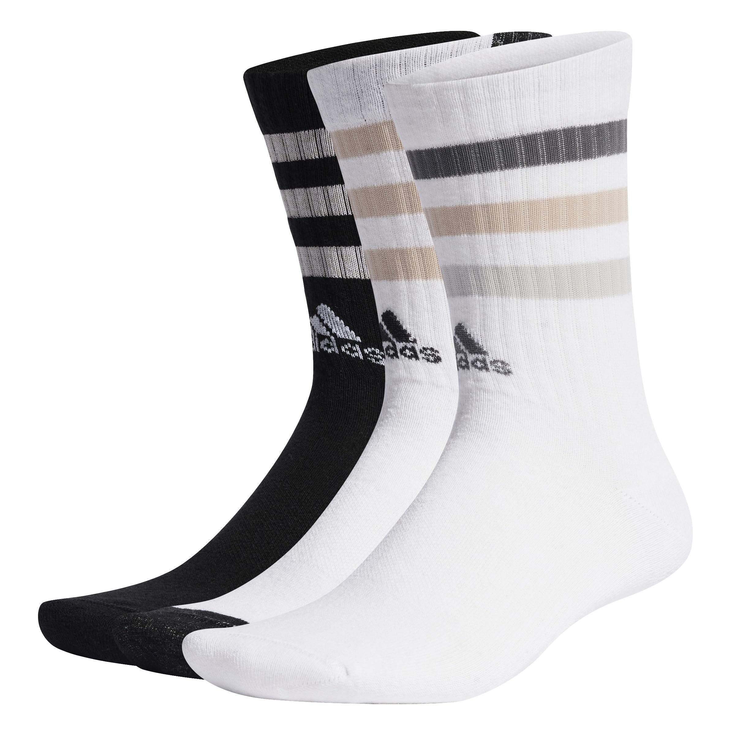 adidas Unisex Bold 3-Stripes Cushioned Crew Socks 3 Pairs, White/Black/White, 10.5-12.5