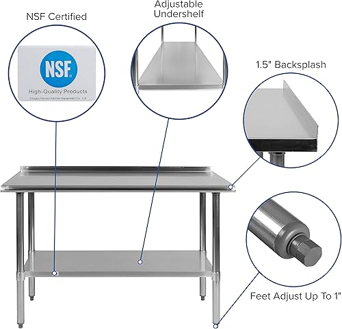 Miniatura 3 de EMMA + OLIVER Mesa de trabajo y preparación de cocina de calibre 18 de acero inoxidable con protector contra salpicaduras y estante, NSF - 48