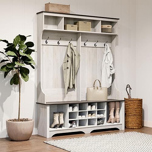 Miniatura 7 de Prepac Árbol de pasillo estilo granja blanco lavado, gabinete para zapatos, gabinete de almacenamiento con 12 compartimentos para zapatos, 2