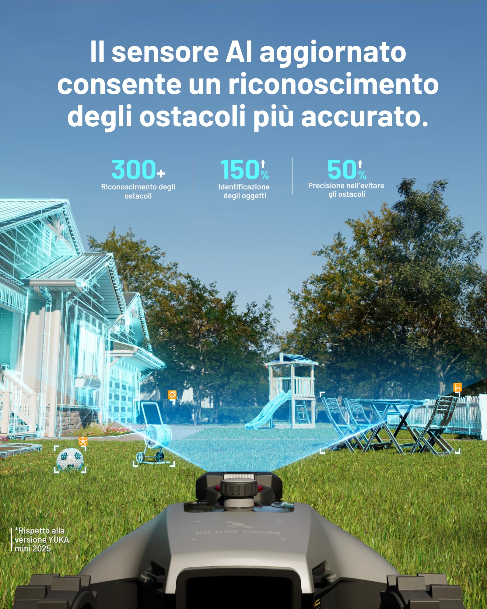 MAMMOTION YUKA mini 2 500 Robot Tagliaerba senza Filo Perimetrale con Garage, Visione AI Tri-Cam, No RTK, Nessuna Perdita di Segnale, DropMow, Mappatura Automatica, Taglio a 500㎡