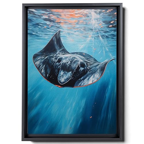 Nautical Print on Canvas for Wall Decor, Ocean Fish Manta Ray Canvas Wall Art, Beach Print for Wall Hang, Turquoise Coastal Pictures Wall Decor,