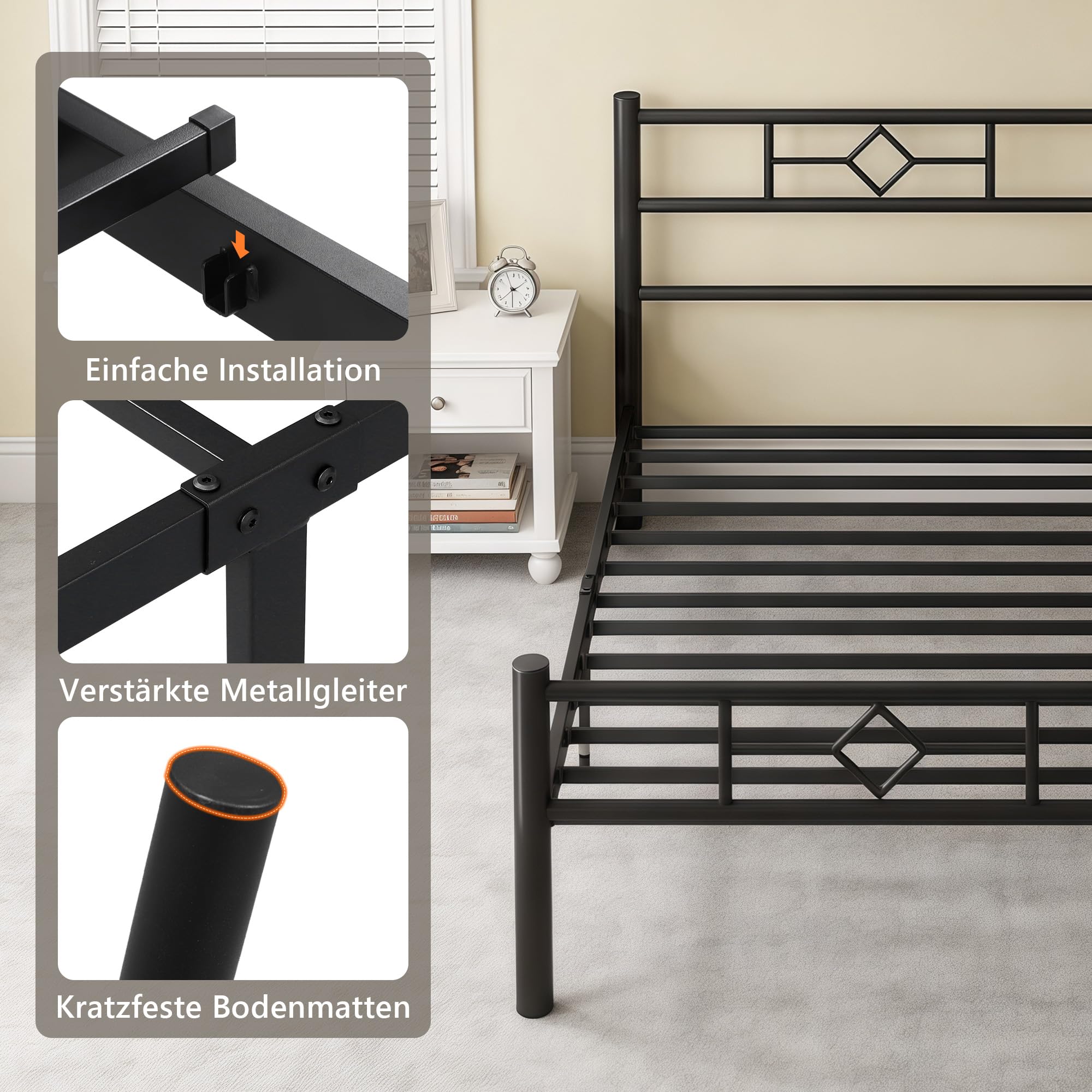 FEONASE Cama de metal 90 x 200 cm, cama 90 x 200 cm con cabecero y reposapiés, estructura de metal macizo, cajonera de fácil montaje, color negro