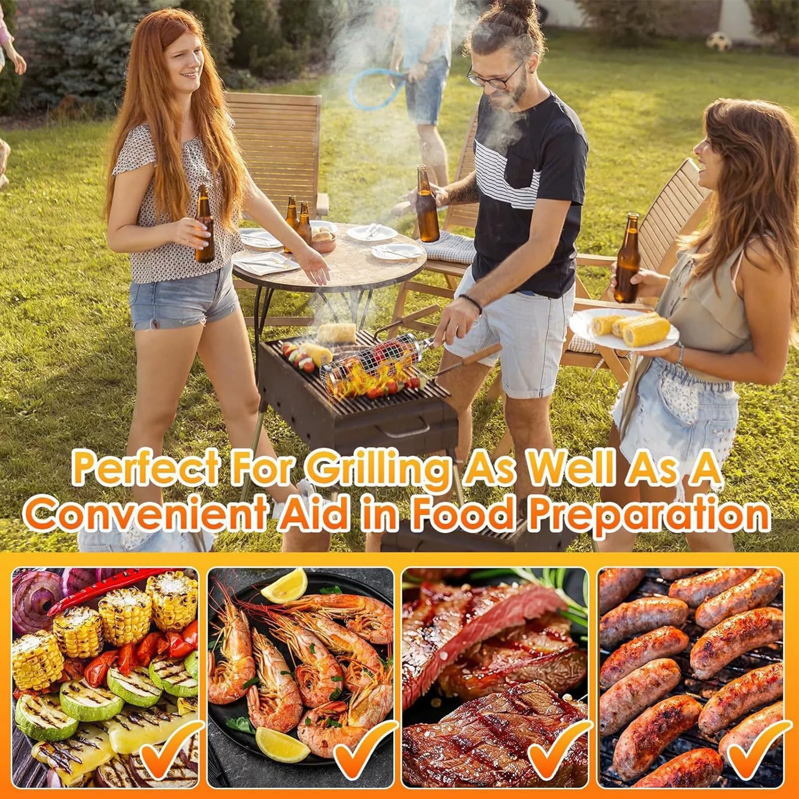 Koszyk grillowy na warzywa i ryby, narzędzie do grillowania z drewnianym uchwytem, idealny na kemping, piknik i gotowanie w domu