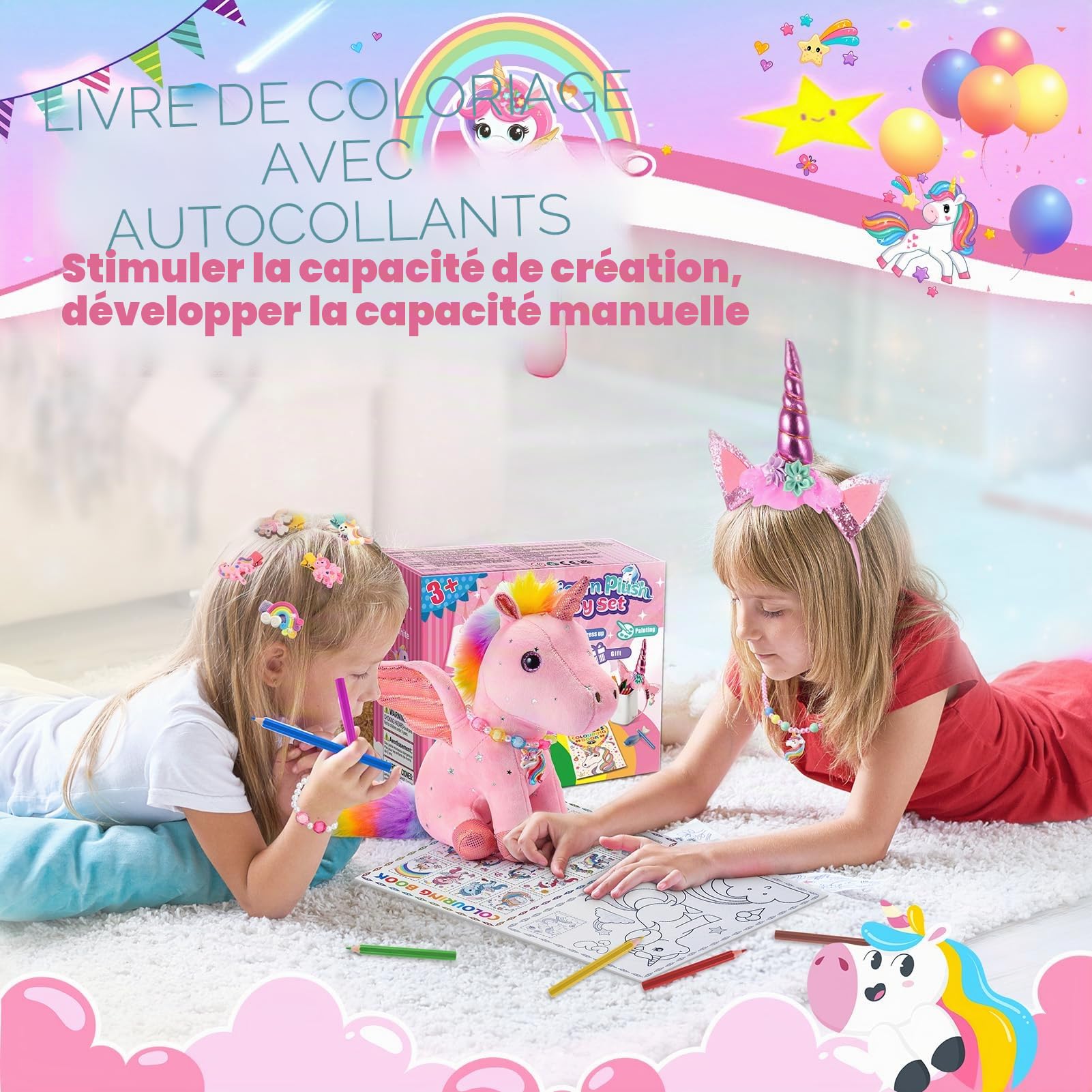 EUCOCO Peluche Licorne Cadeau Fille 3-6 Ans, Jouet Fille Licorne Peluche Loisirs Créatifs Fille 3-6 Ans Anniversaire Cadeaux de Pâques Kit Bracelet Fille Jouet Enfant 3-8 Ans