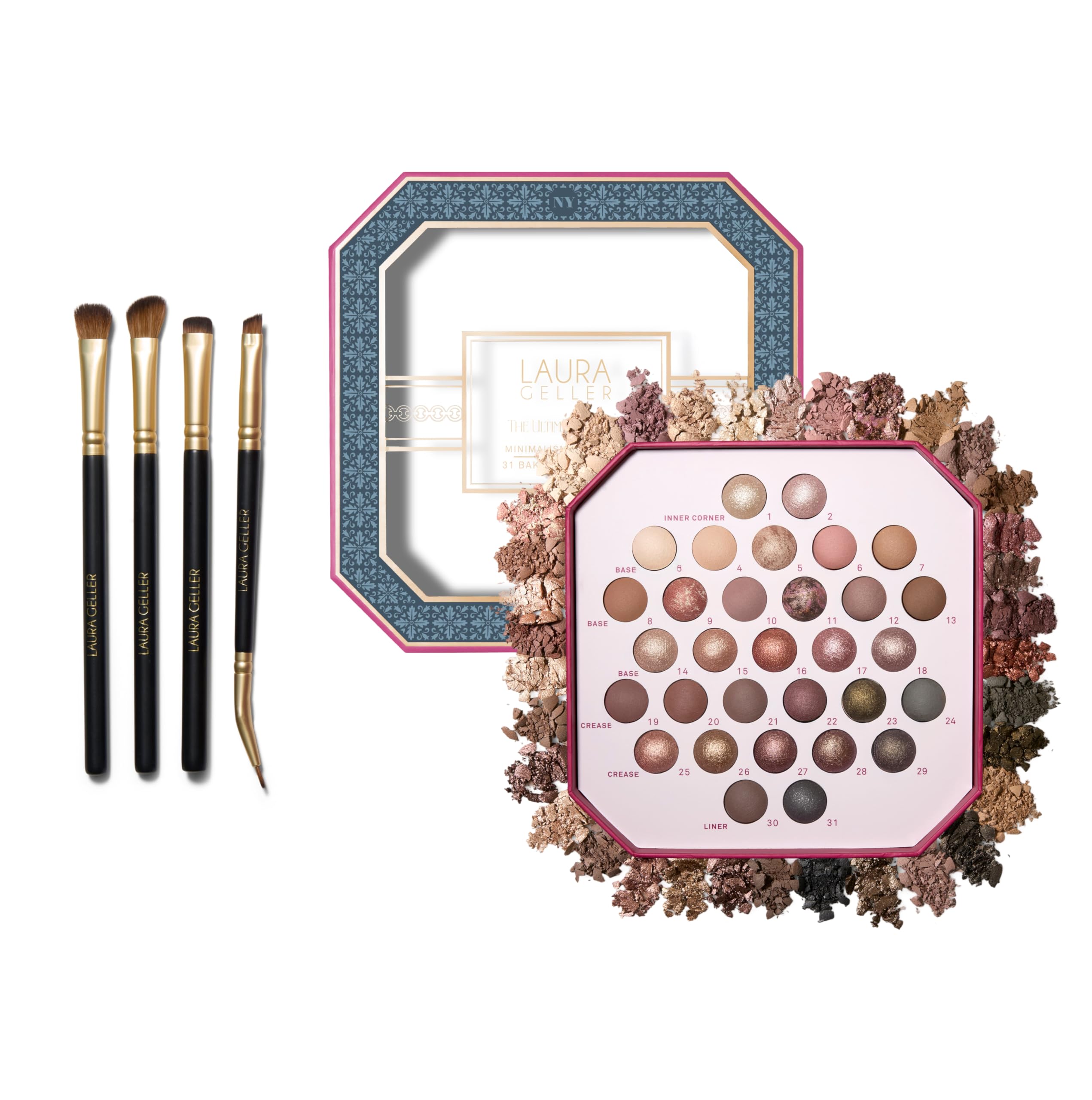 LAURA GELLER NEW YORK Ultimate Essentials - The Ultimate Palette 31 Baked Eyeshadows Minimalism Maximized + Shadow Skills 4PC Eye Brush Set