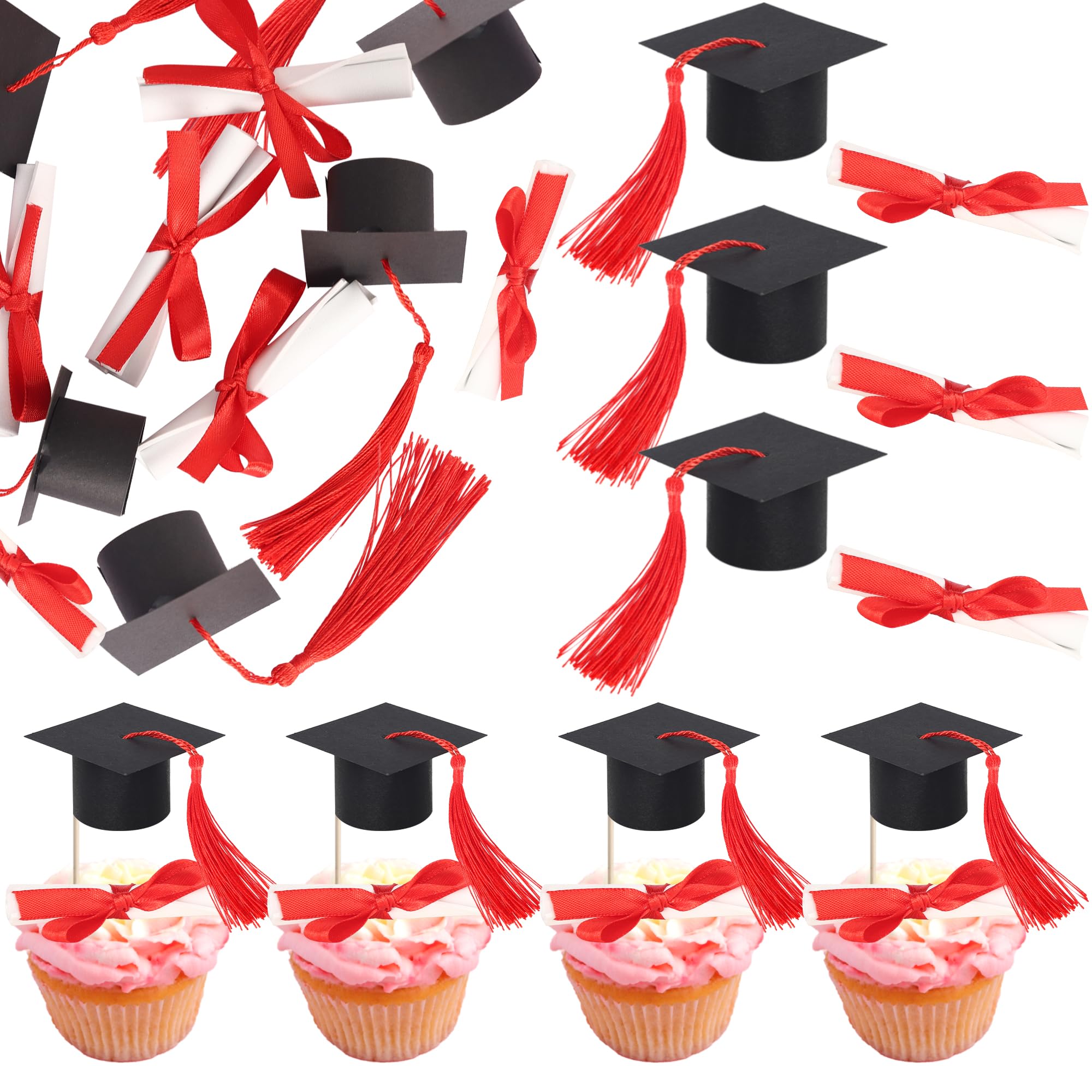 Xsstarmi 24 Pack Congrats Grad Cupcake Toppers Diploma Done Grad Cap Cupcake Picks Class of 2026 Graduation Cupcake Decorations for Prom 2026 Graduation Theme Party Cake Decorations Black Red