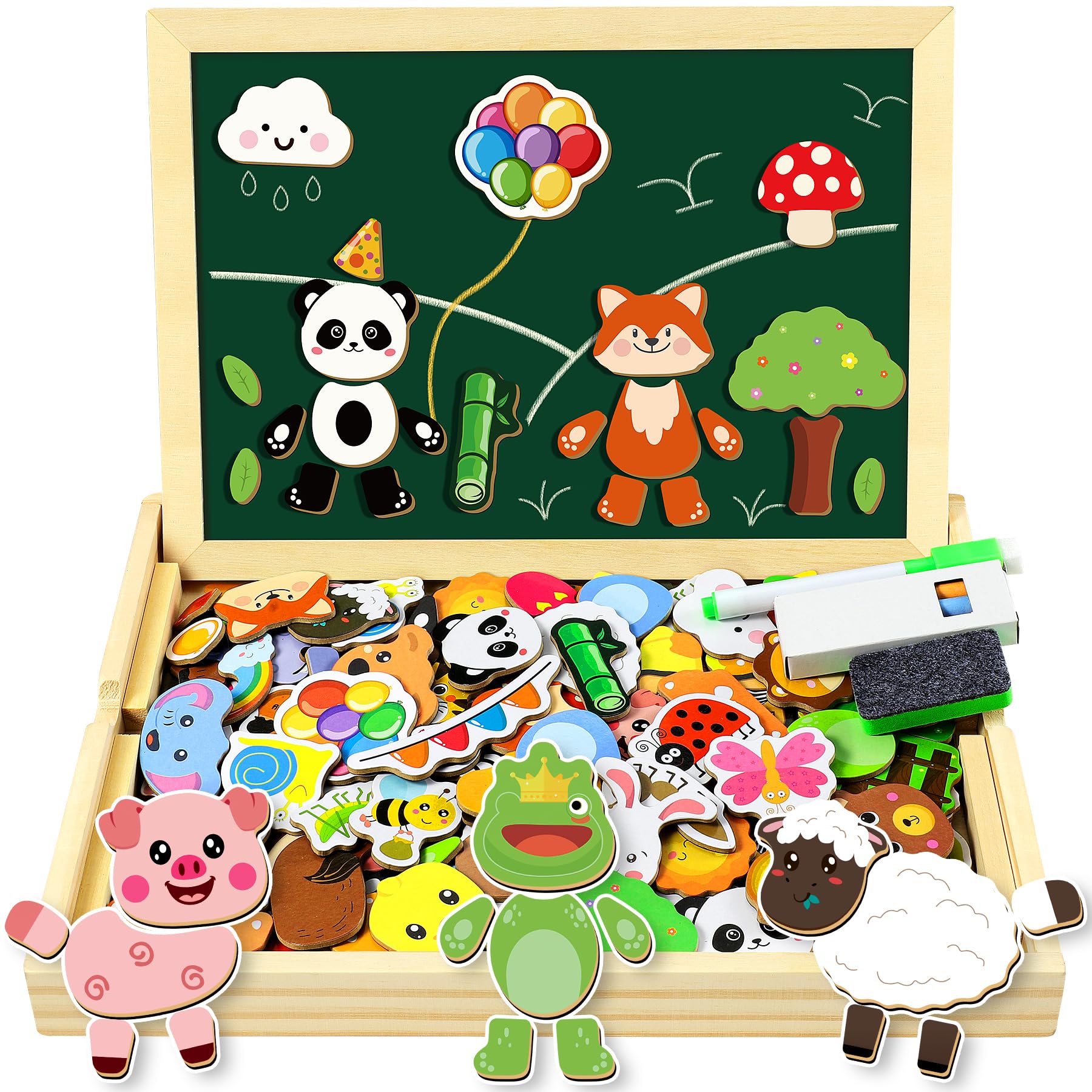 COOLJOY Magnetisches Holzpuzzle 120+ Stück, Puzzle ab 3, Doppelseitige Magnettafel, Montessori Spielzeug Ab 2 3 Jahre, Magnetspiel, Christmas Geschenk für Kinder Ab 2 3 Jahre Mädchen Und Jungen