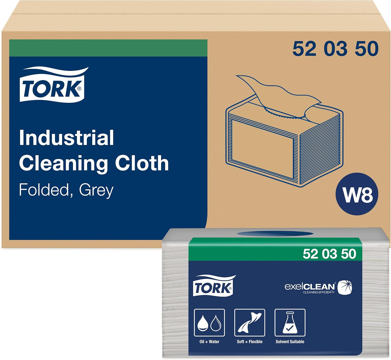 Tork Folded Industrial Cleaning Cloth Gray W8, Soft and Flexible, 8 x 55 Sheets, 520350