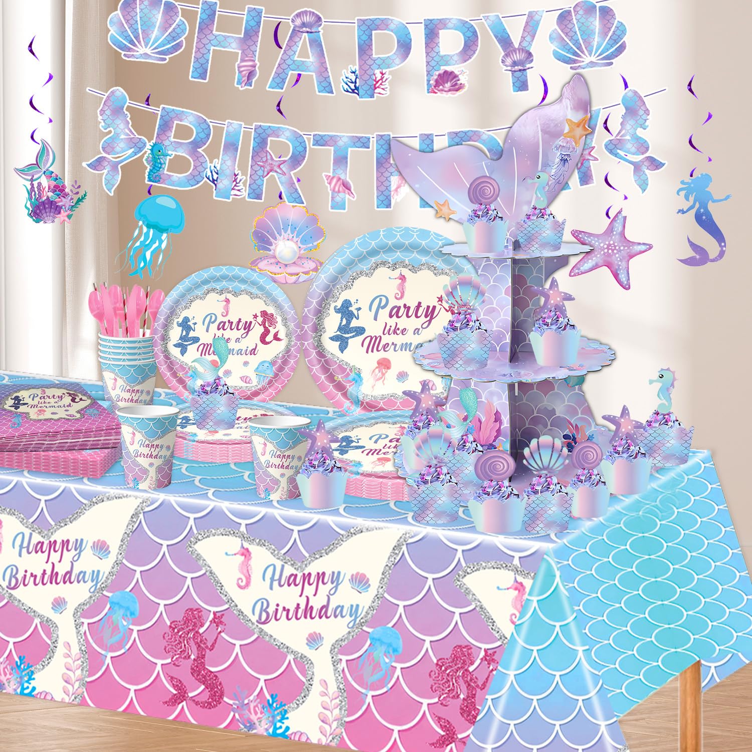 Set di 61 stoviglie per 20 ospiti, accessori per feste di compleanno, decorazione da tavolo a sirena, piatti, tazze, tovaglioli, tovaglioli